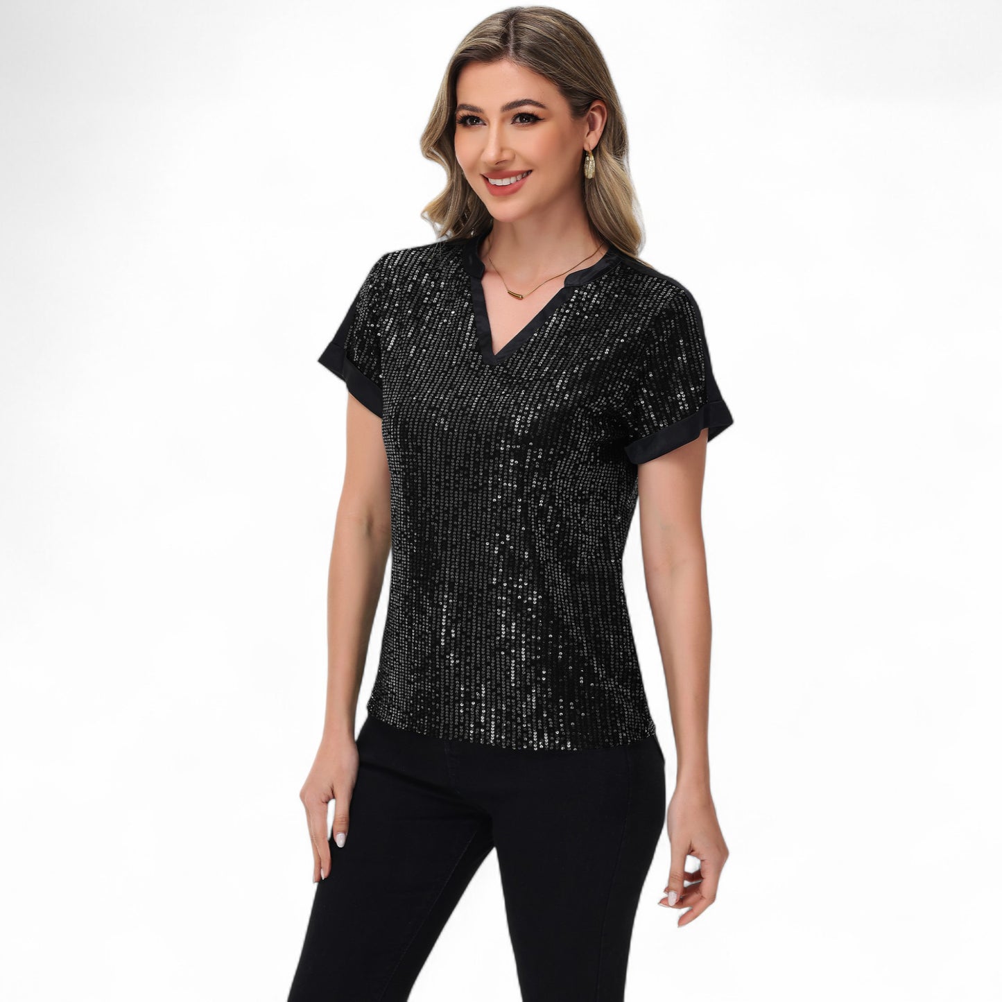 Sequin Short Sleeve Top with Satin Trim V-Neckline and Rolled Cuffs