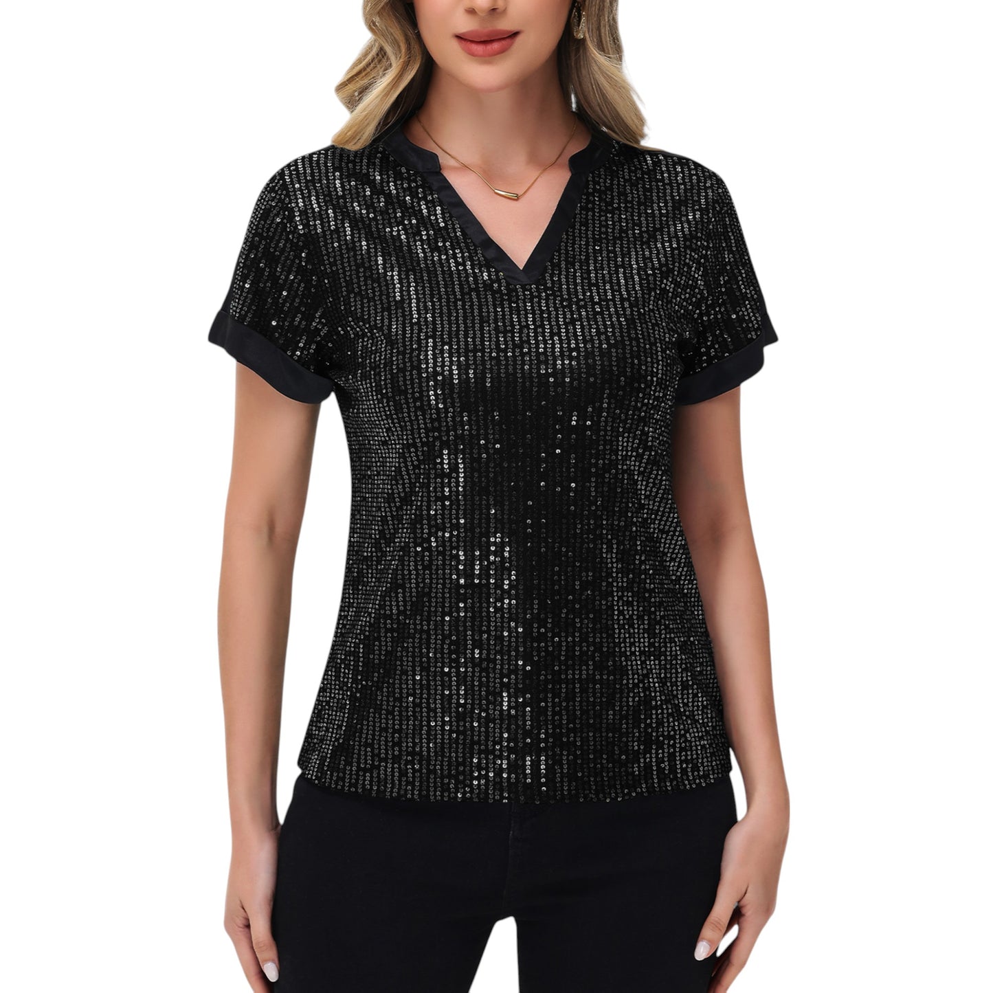 Sequin Short Sleeve Top with Satin Trim V-Neckline and Rolled Cuffs