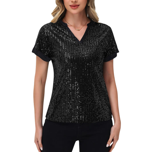 Sequin Short Sleeve Top with Satin Trim V-Neckline and Rolled Cuffs