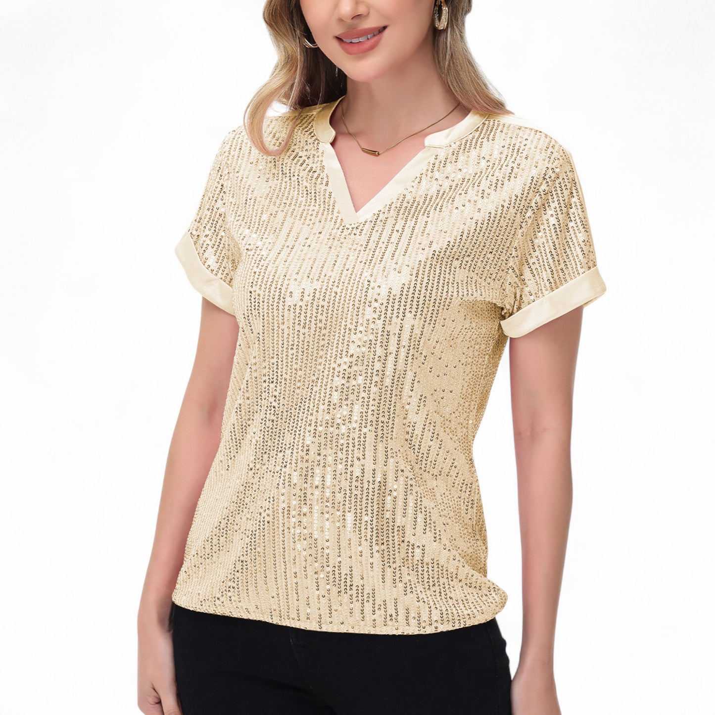 Sequin Short Sleeve Top with Satin Trim V-Neckline and Rolled Cuffs