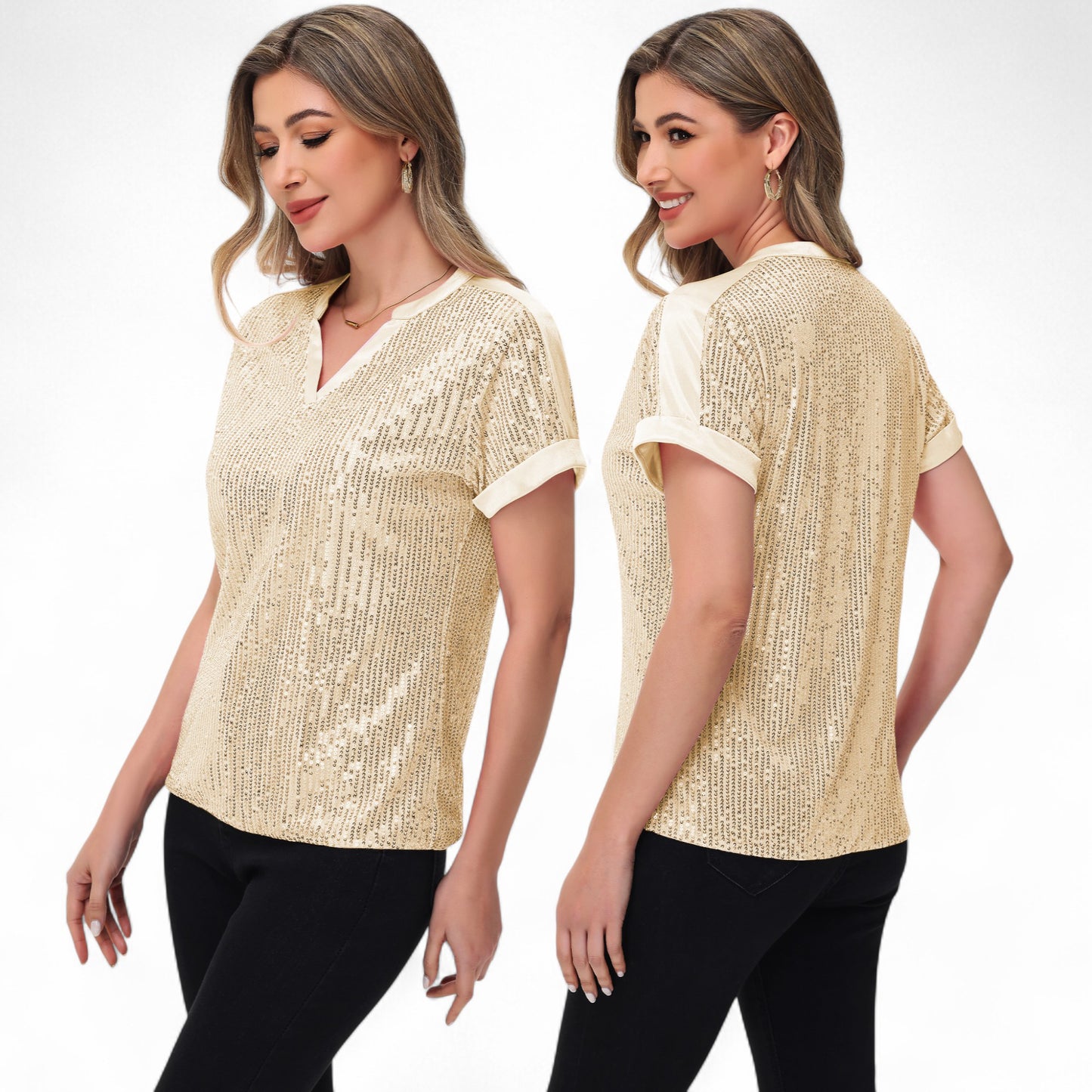 Sequin Short Sleeve Top with Satin Trim V-Neckline and Rolled Cuffs