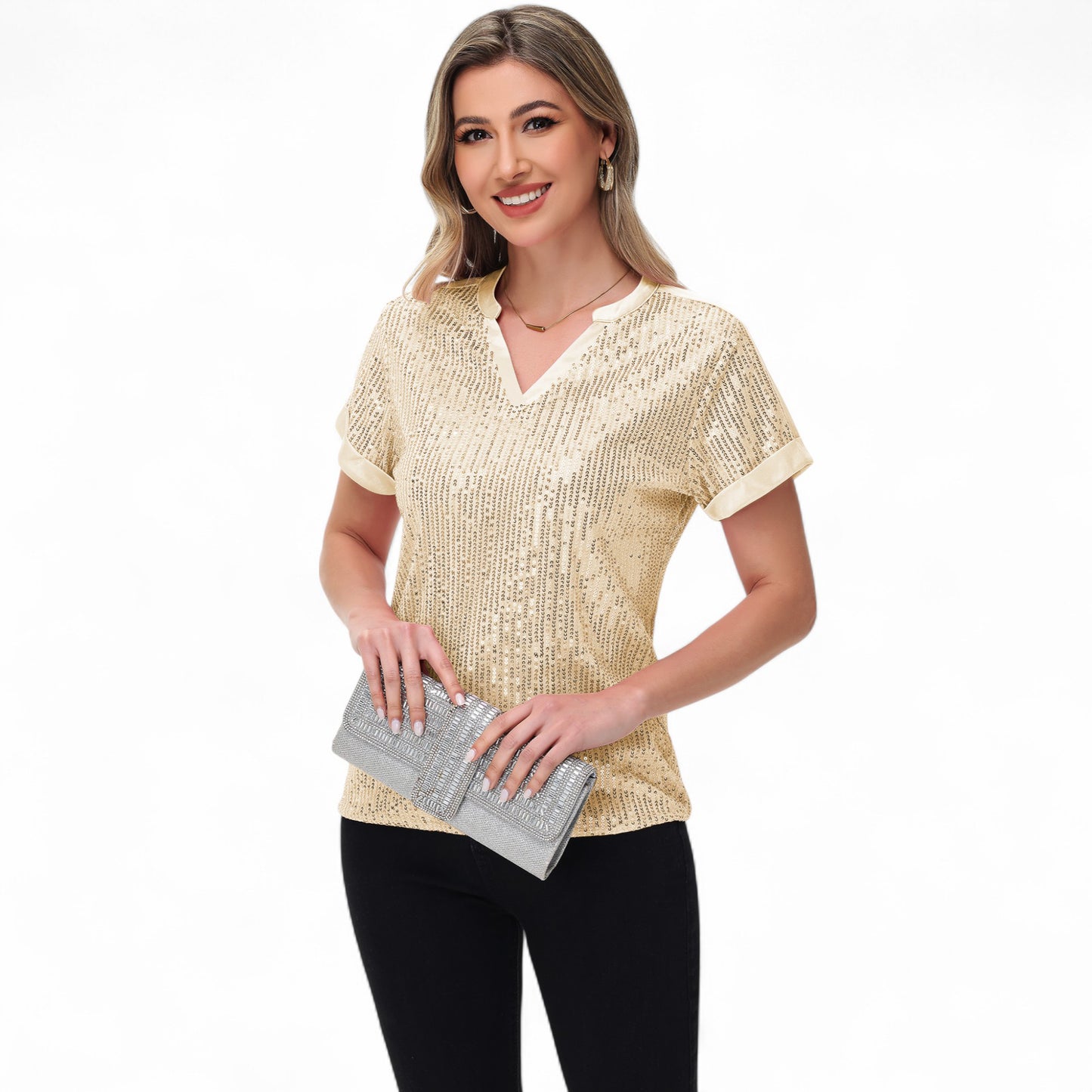 Sequin Short Sleeve Top with Satin Trim V-Neckline and Rolled Cuffs