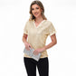 Sequin Short Sleeve Top with Satin Trim V-Neckline and Rolled Cuffs