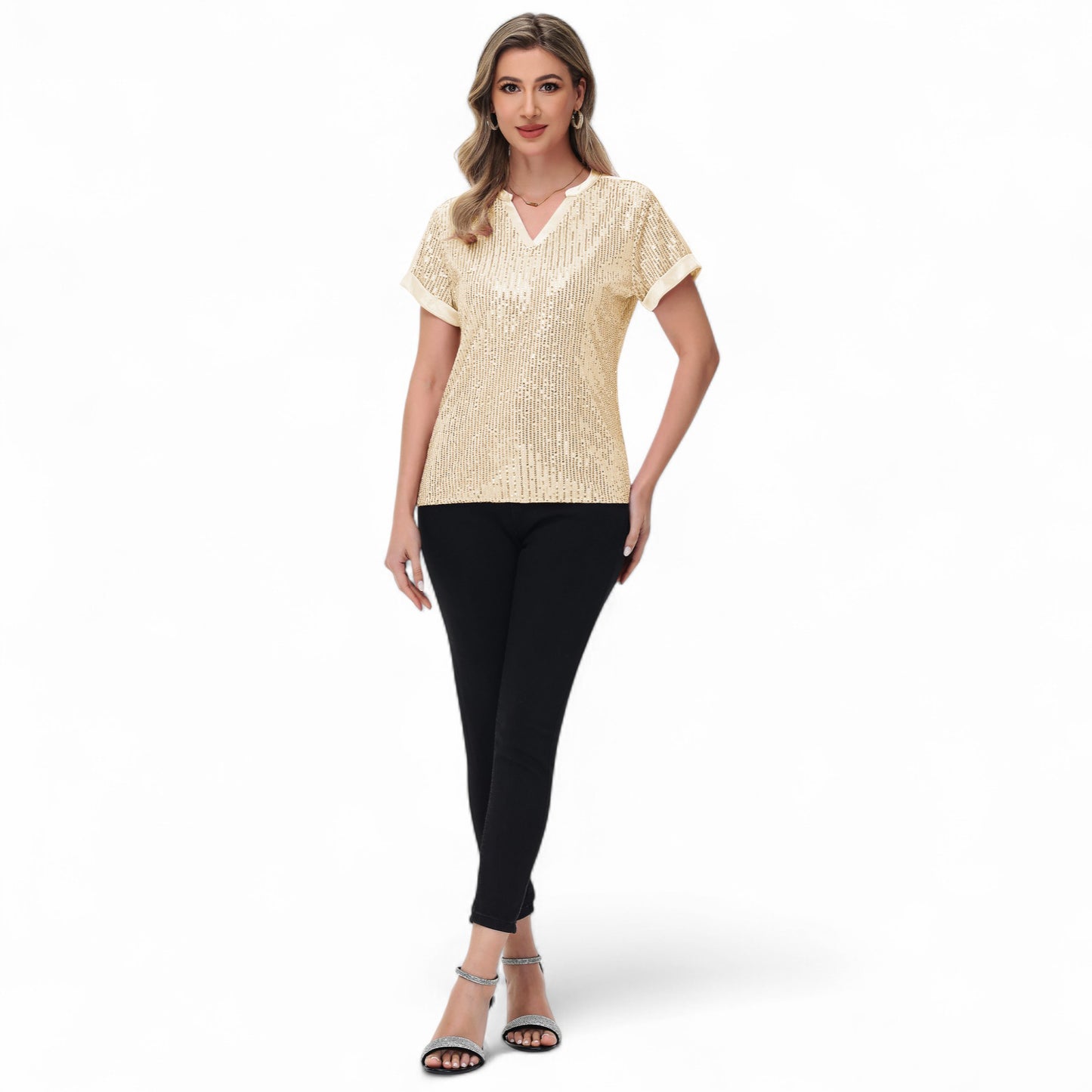 Sequin Short Sleeve Top with Satin Trim V-Neckline and Rolled Cuffs