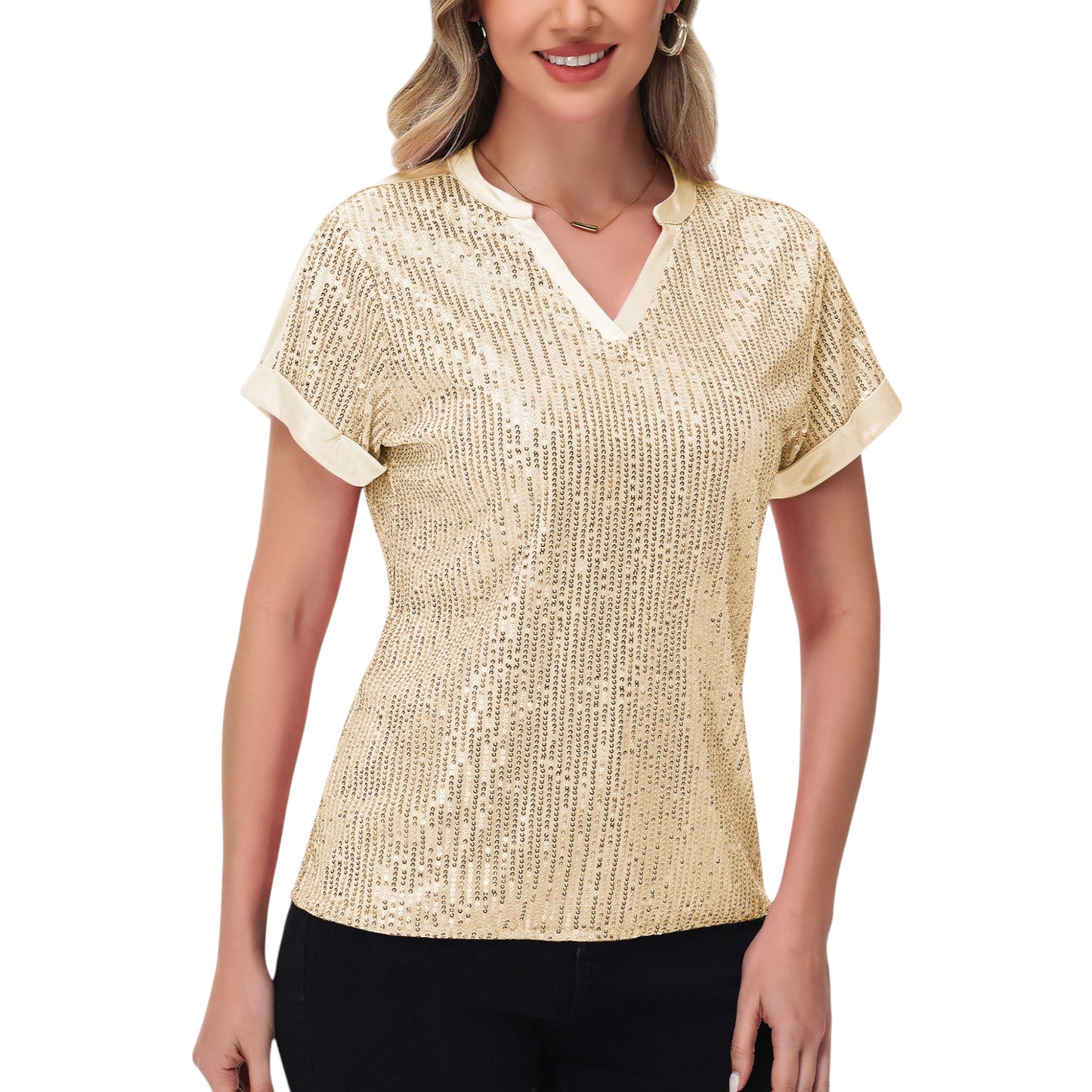 Sequin Short Sleeve Top with Satin Trim V-Neckline and Rolled Cuffs