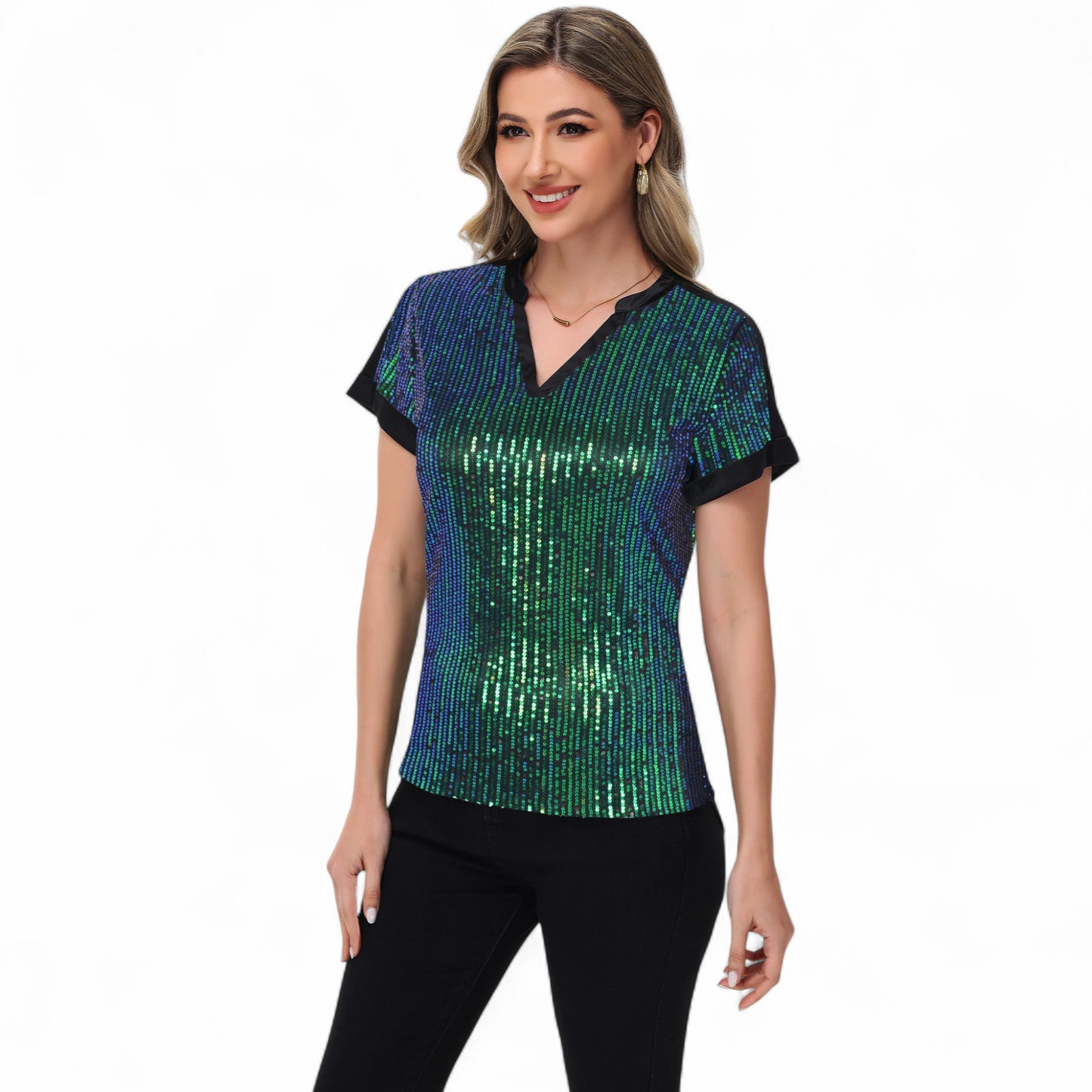 Sequin Short Sleeve Top with Satin Trim V-Neckline and Rolled Cuffs