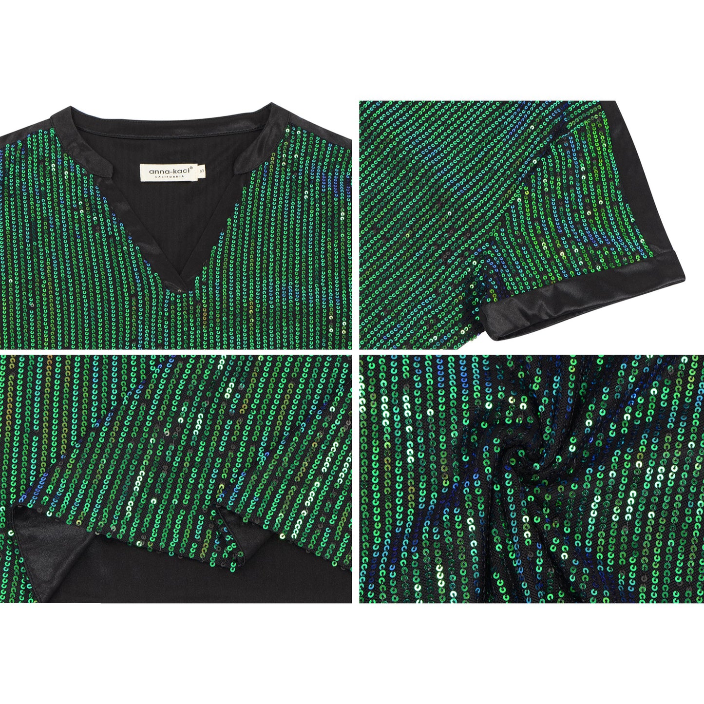 Sequin Short Sleeve Top with Satin Trim V-Neckline and Rolled Cuffs