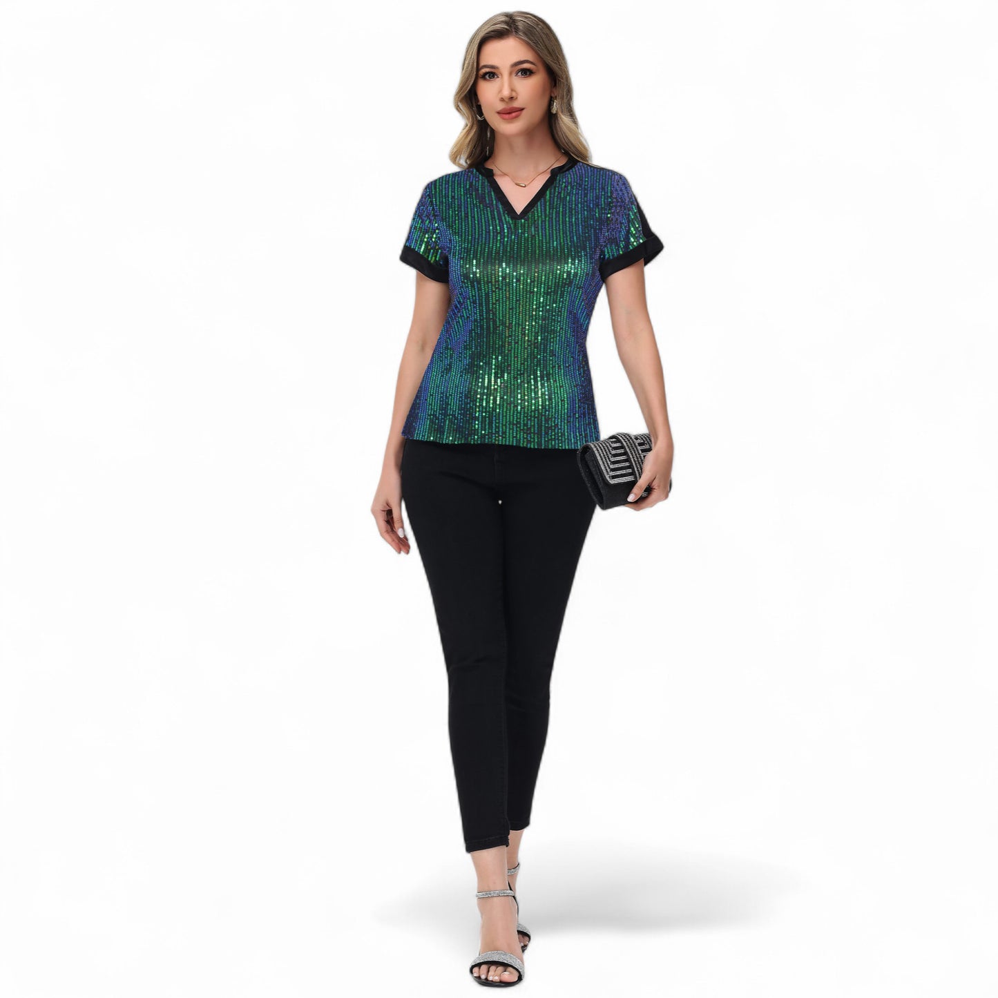 Sequin Short Sleeve Top with Satin Trim V-Neckline and Rolled Cuffs