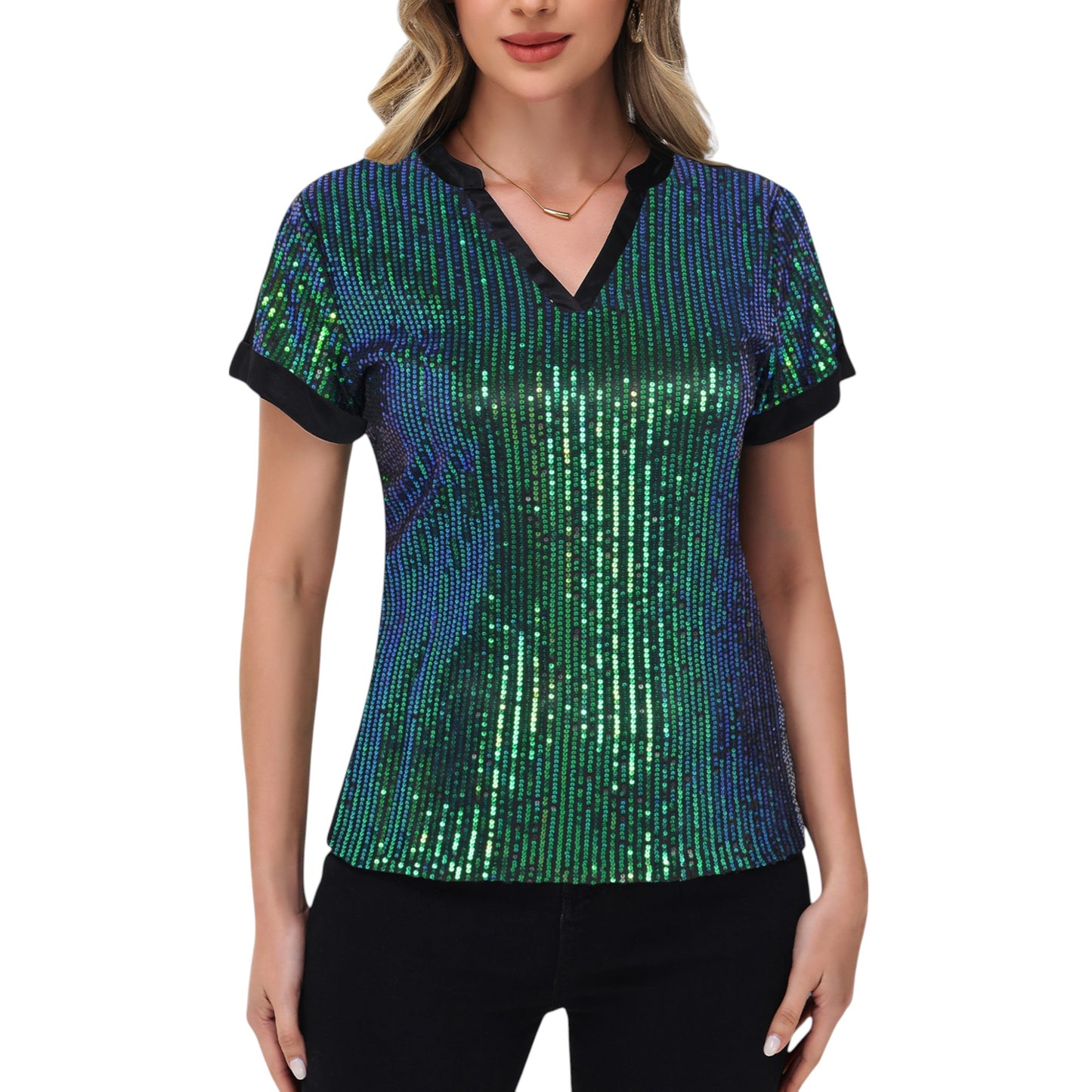 Sequin Short Sleeve Top with Satin Trim V-Neckline and Rolled Cuffs
