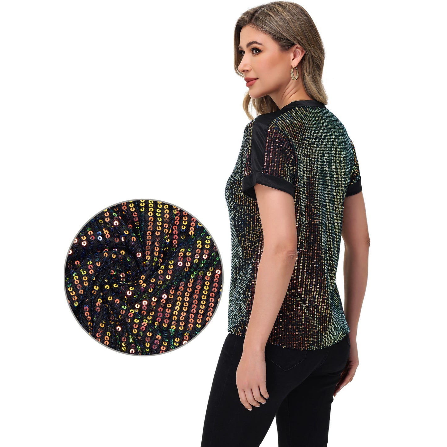 Sequin Short Sleeve Top with Satin Trim V-Neckline and Rolled Cuffs