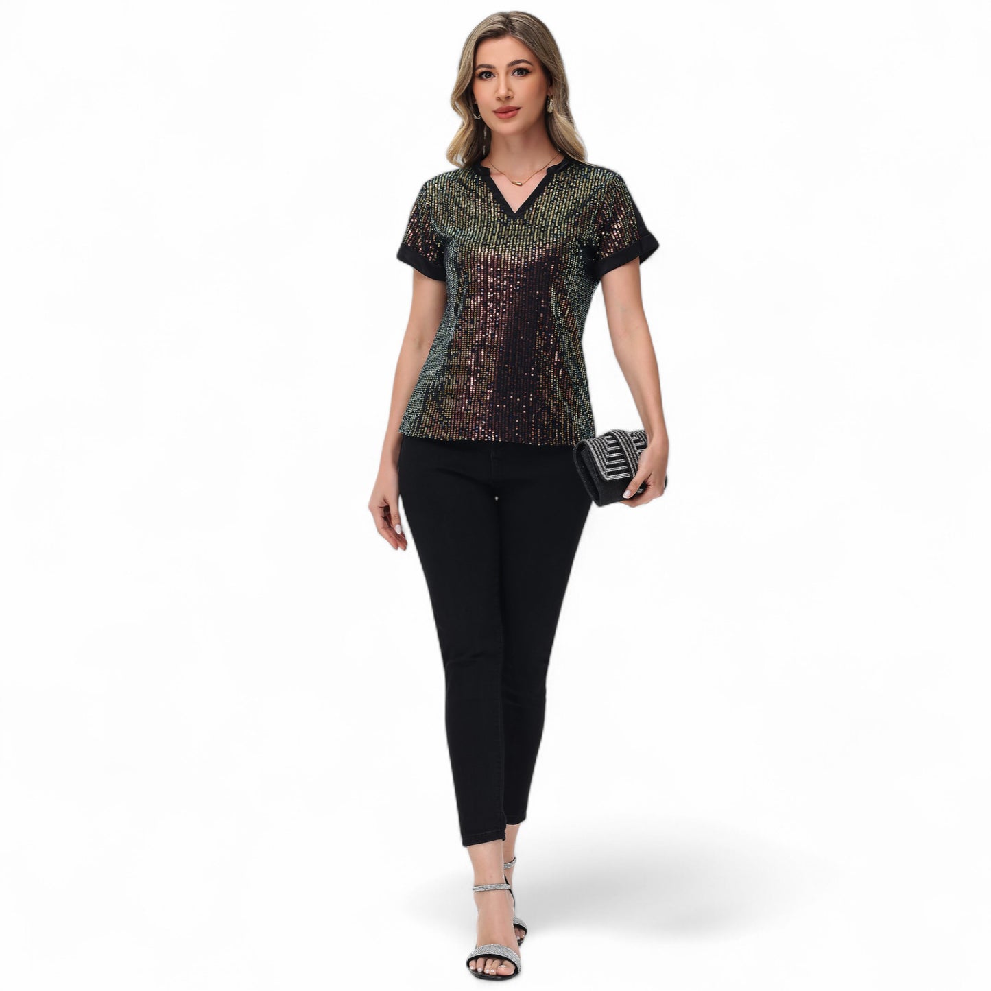 Sequin Short Sleeve Top with Satin Trim V-Neckline and Rolled Cuffs