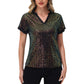 Sequin Short Sleeve Top with Satin Trim V-Neckline and Rolled Cuffs