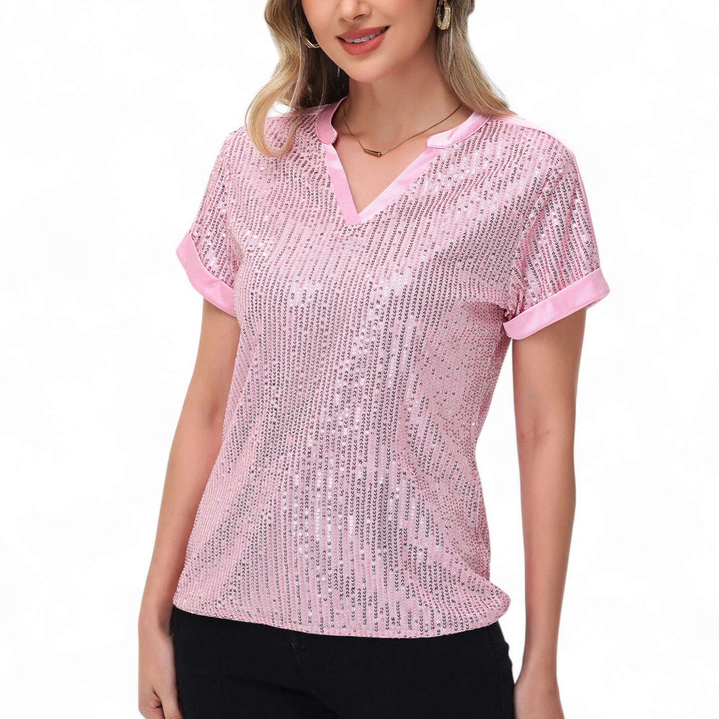 Sequin Short Sleeve Top with Satin Trim V-Neckline and Rolled Cuffs
