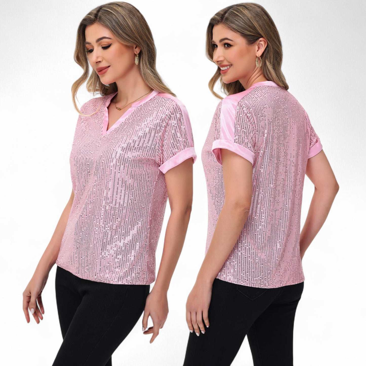 Sequin Short Sleeve Top with Satin Trim V-Neckline and Rolled Cuffs
