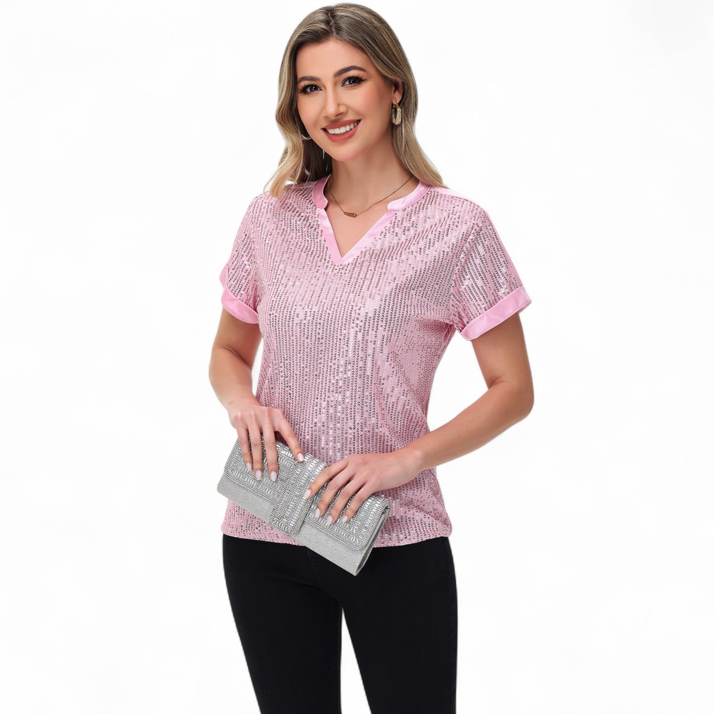 Sequin Short Sleeve Top with Satin Trim V-Neckline and Rolled Cuffs