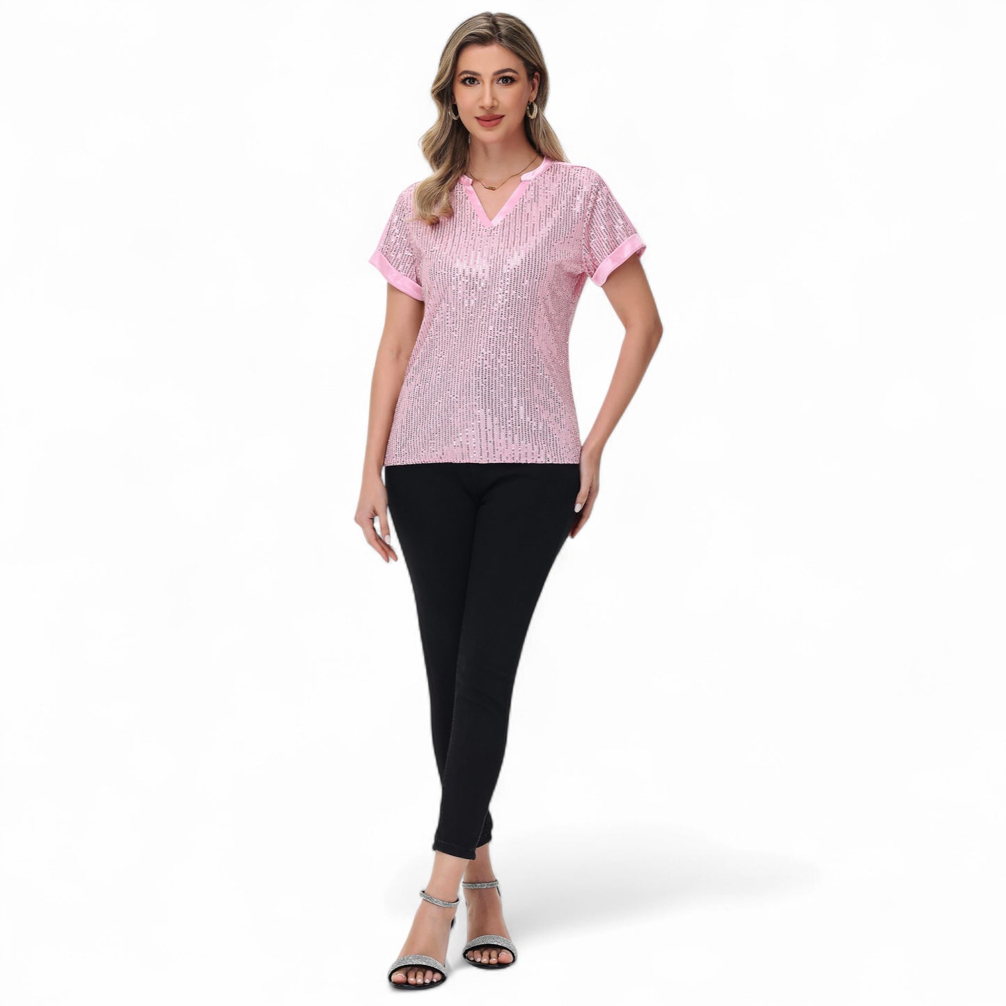 Sequin Short Sleeve Top with Satin Trim V-Neckline and Rolled Cuffs