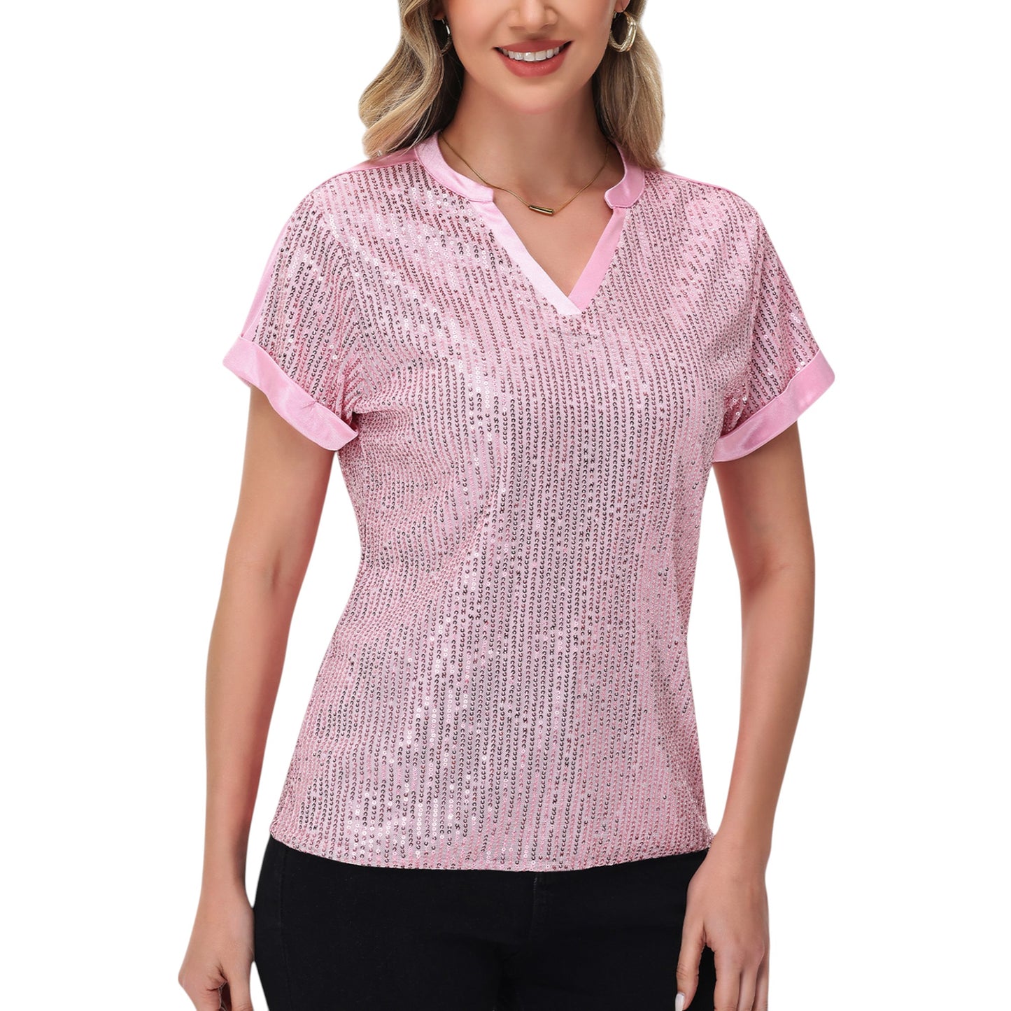 Sequin Short Sleeve Top with Satin Trim V-Neckline and Rolled Cuffs
