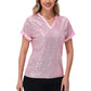 Sequin Short Sleeve Top with Satin Trim V-Neckline and Rolled Cuffs