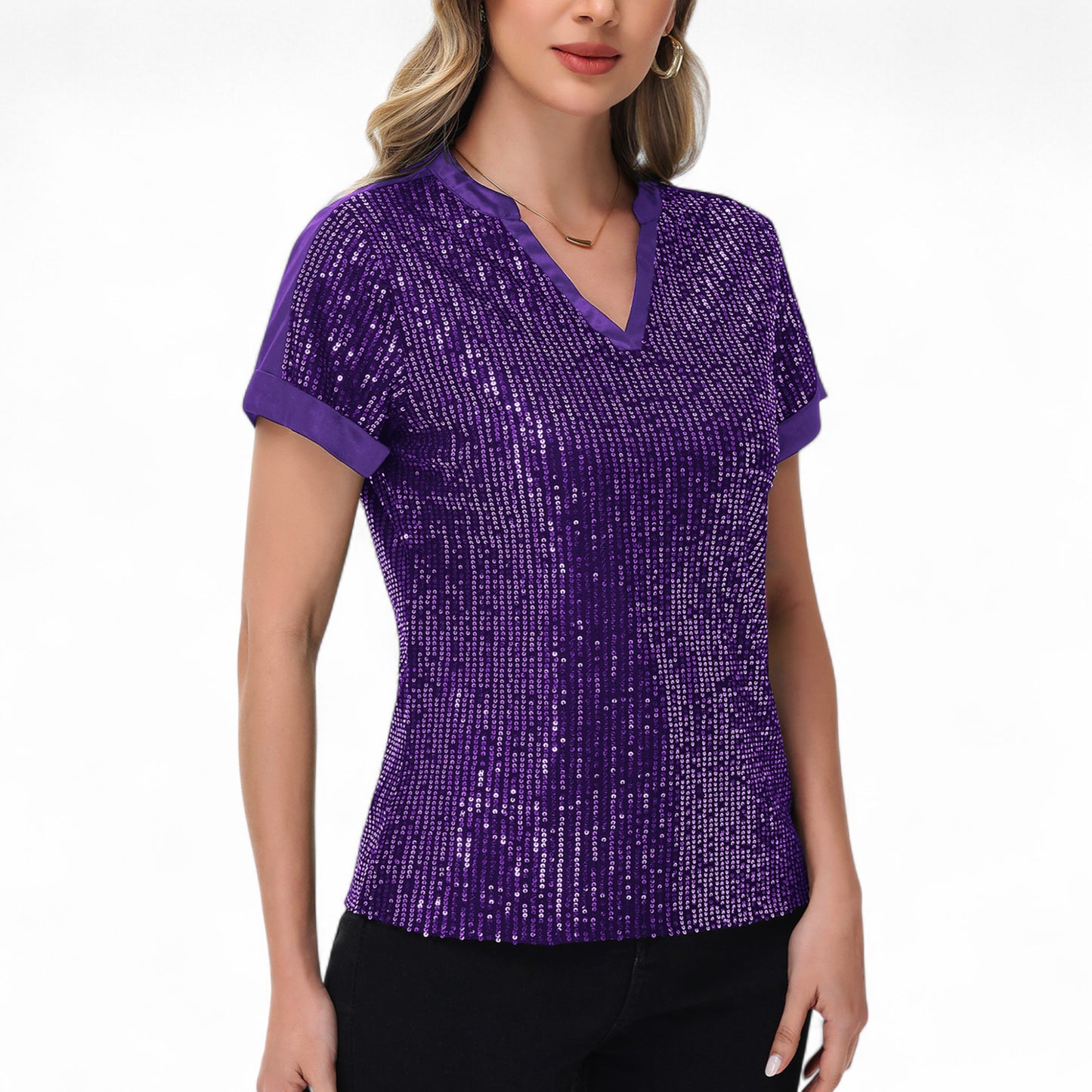 Sequin Short Sleeve Top with Satin Trim V-Neckline and Rolled Cuffs