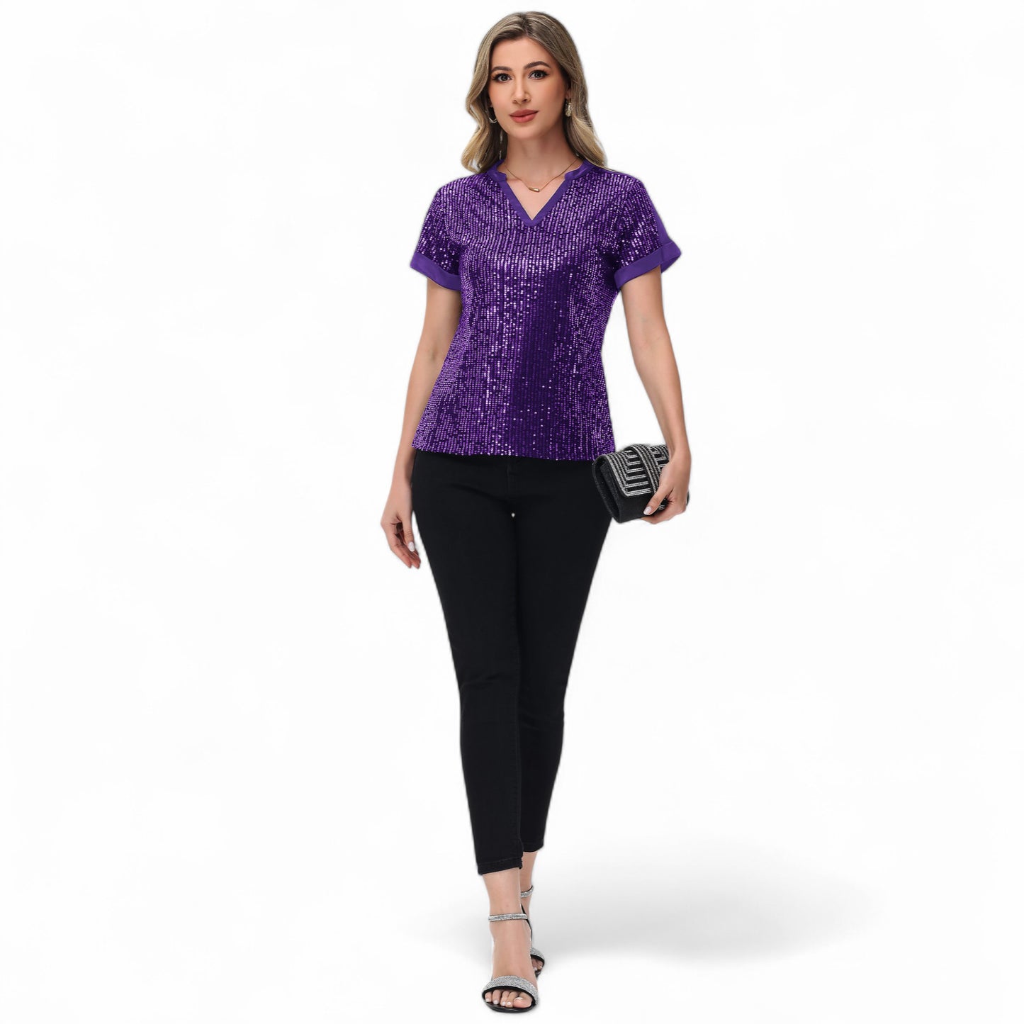 Sequin Short Sleeve Top with Satin Trim V-Neckline and Rolled Cuffs