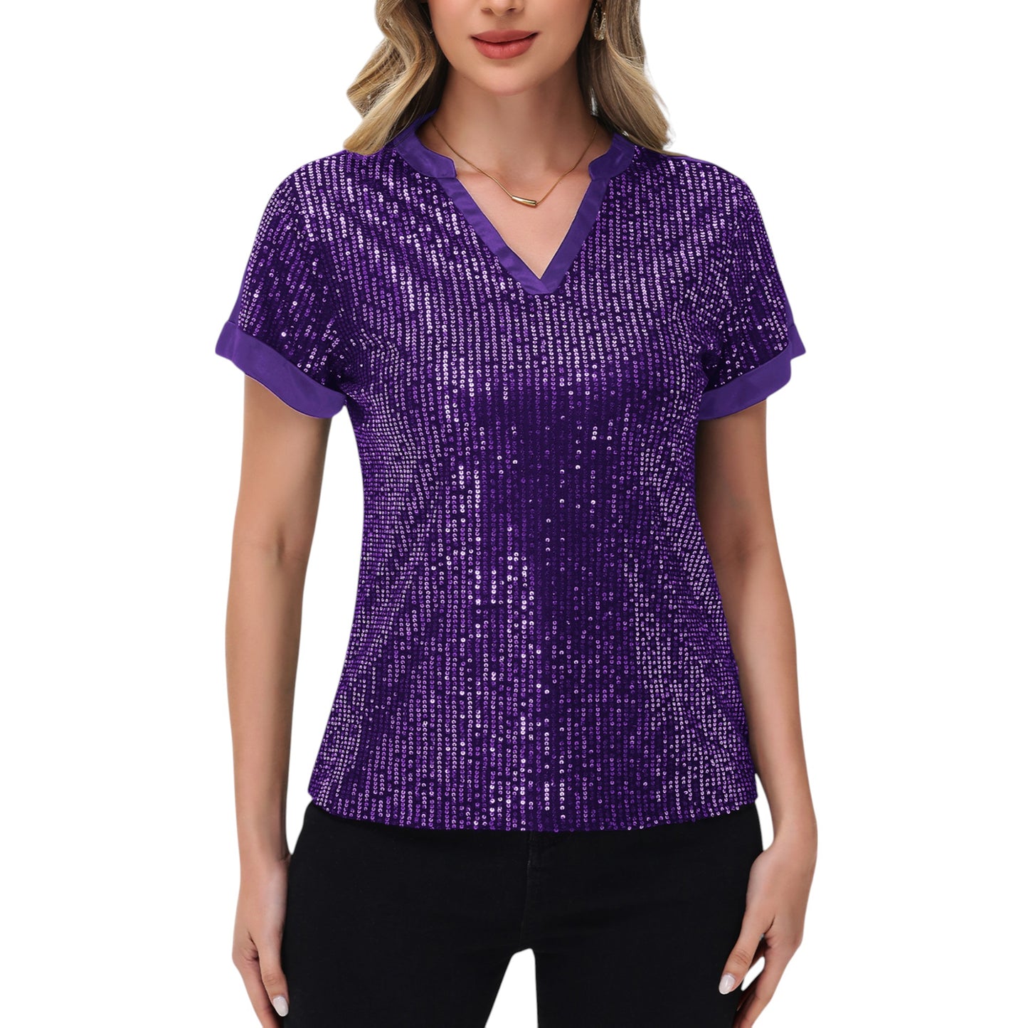 Sequin Short Sleeve Top with Satin Trim V-Neckline and Rolled Cuffs
