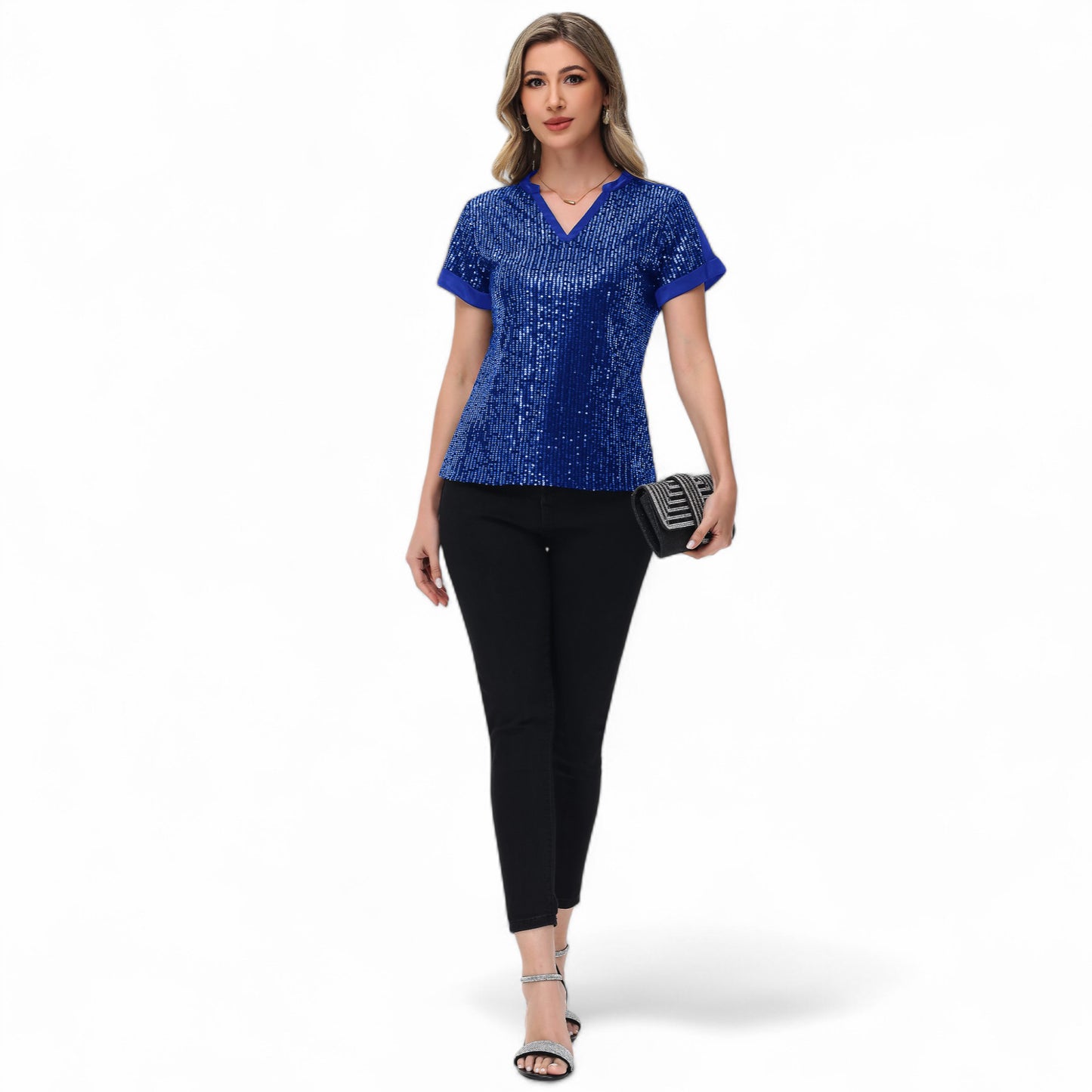 Sequin Short Sleeve Top with Satin Trim V-Neckline and Rolled Cuffs