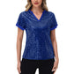 Sequin Short Sleeve Top with Satin Trim V-Neckline and Rolled Cuffs