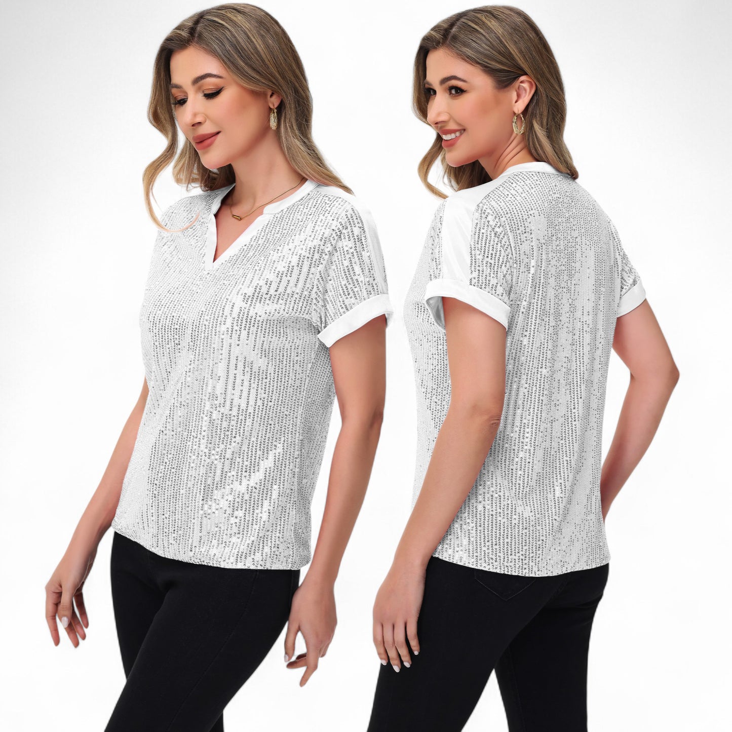 Sequin Short Sleeve Top with Satin Trim V-Neckline and Rolled Cuffs