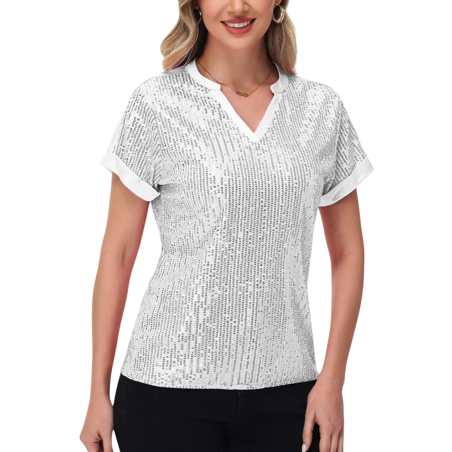 Sequin Short Sleeve Top with Satin Trim V-Neckline and Rolled Cuffs