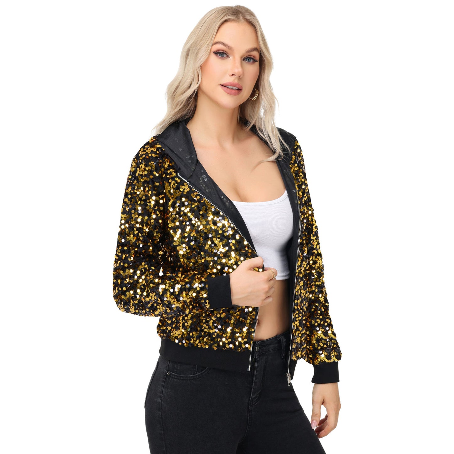 Zip-Up Hoodie Jacket with Allover Sequin Embellishments and Ribbed Trim