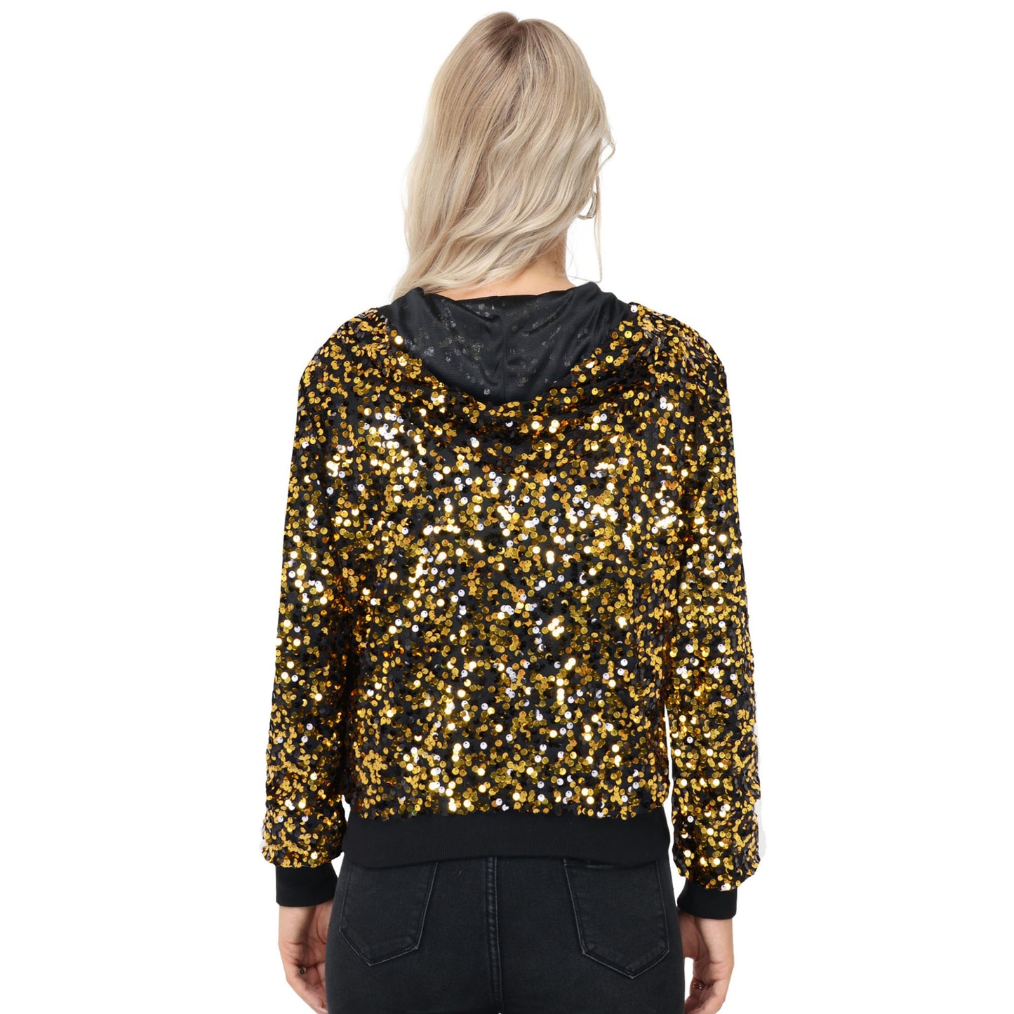 Zip-Up Hoodie Jacket with Allover Sequin Embellishments and Ribbed Trim