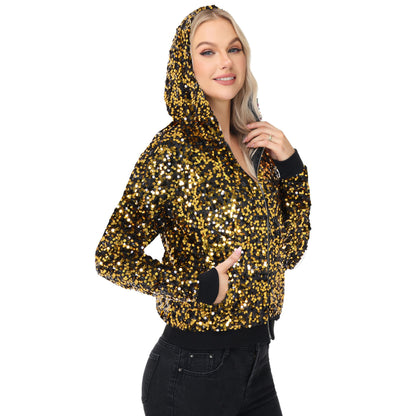 Zip-Up Hoodie Jacket with Allover Sequin Embellishments and Ribbed Trim