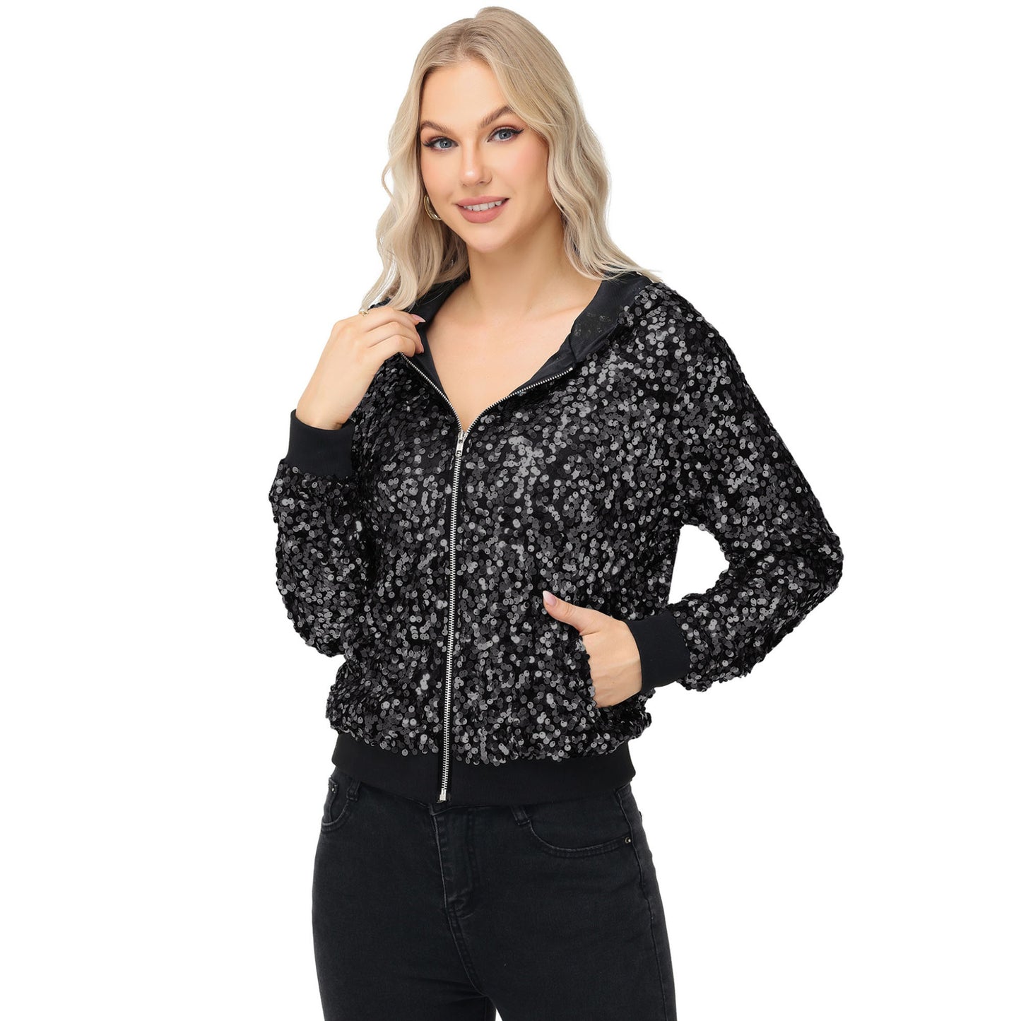 Zip-Up Hoodie Jacket with Allover Sequin Embellishments and Ribbed Trim