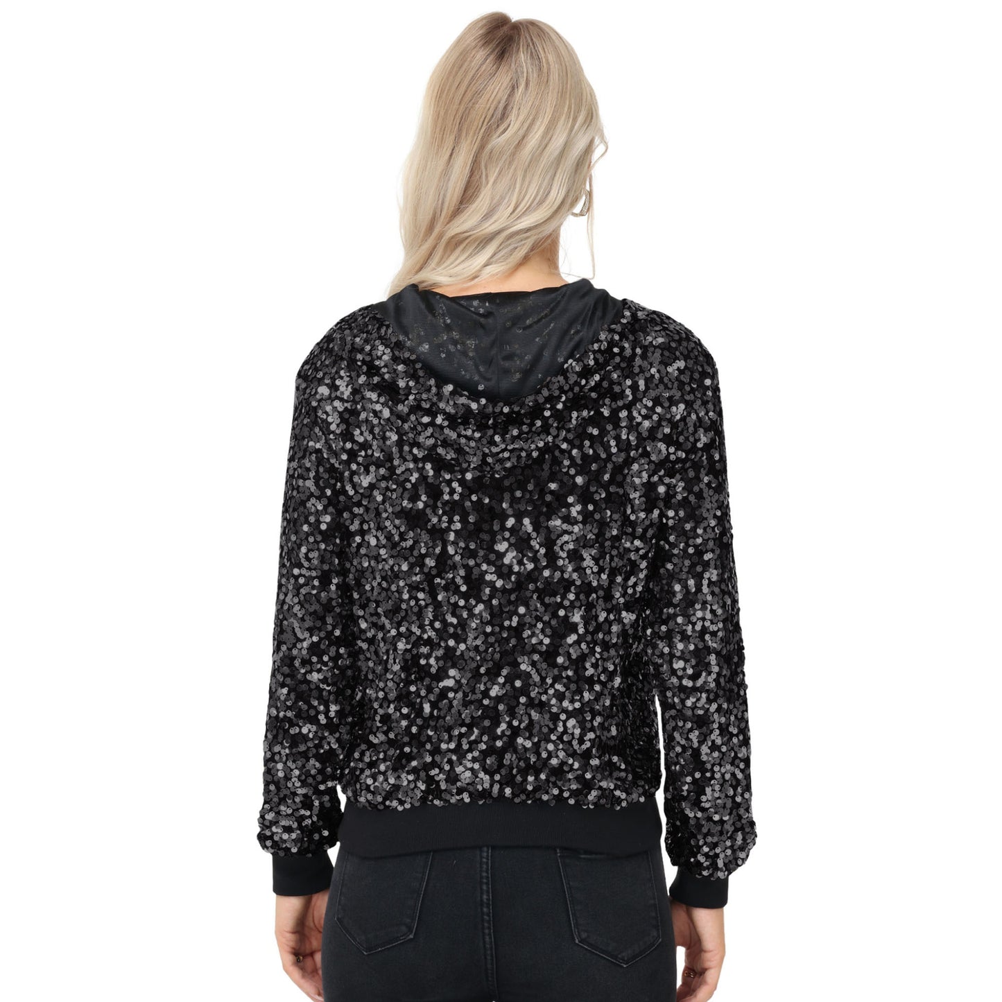 Zip-Up Hoodie Jacket with Allover Sequin Embellishments and Ribbed Trim