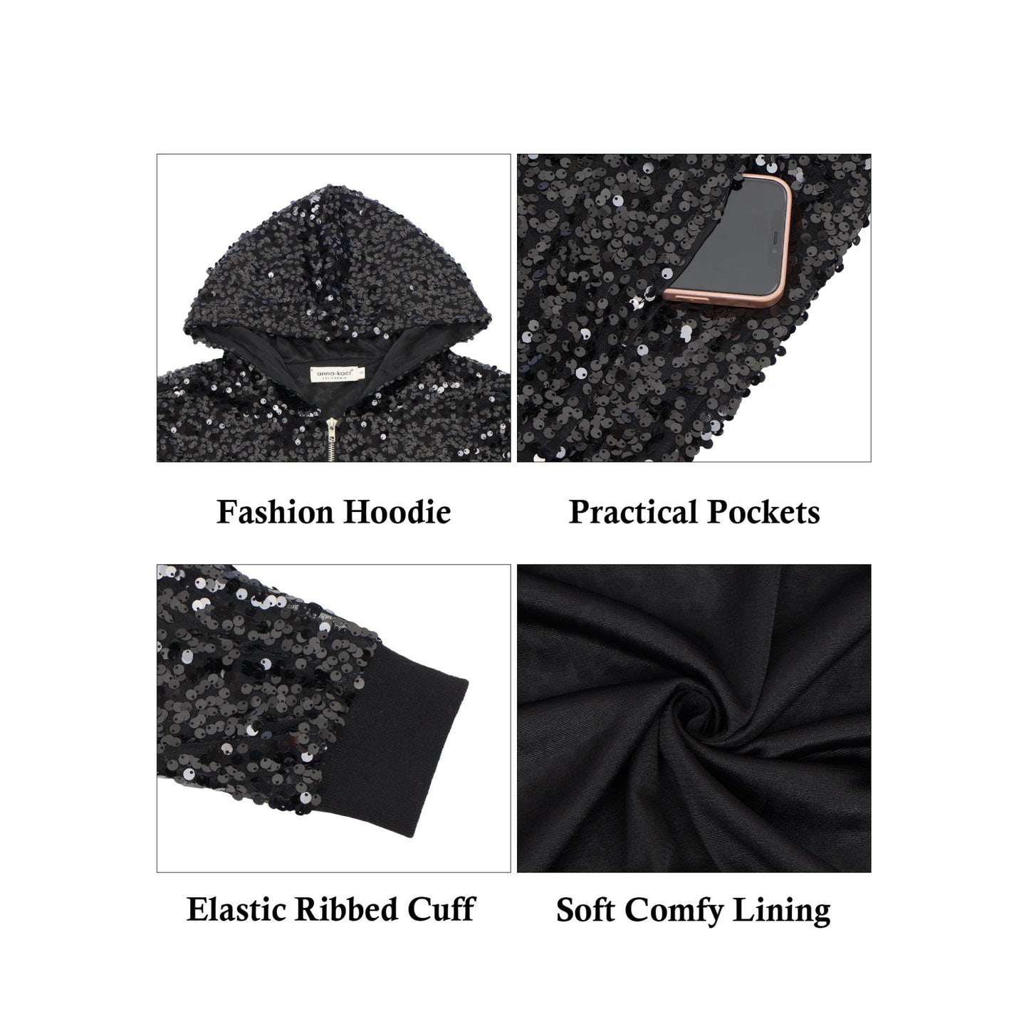 Zip-Up Hoodie Jacket with Allover Sequin Embellishments and Ribbed Trim