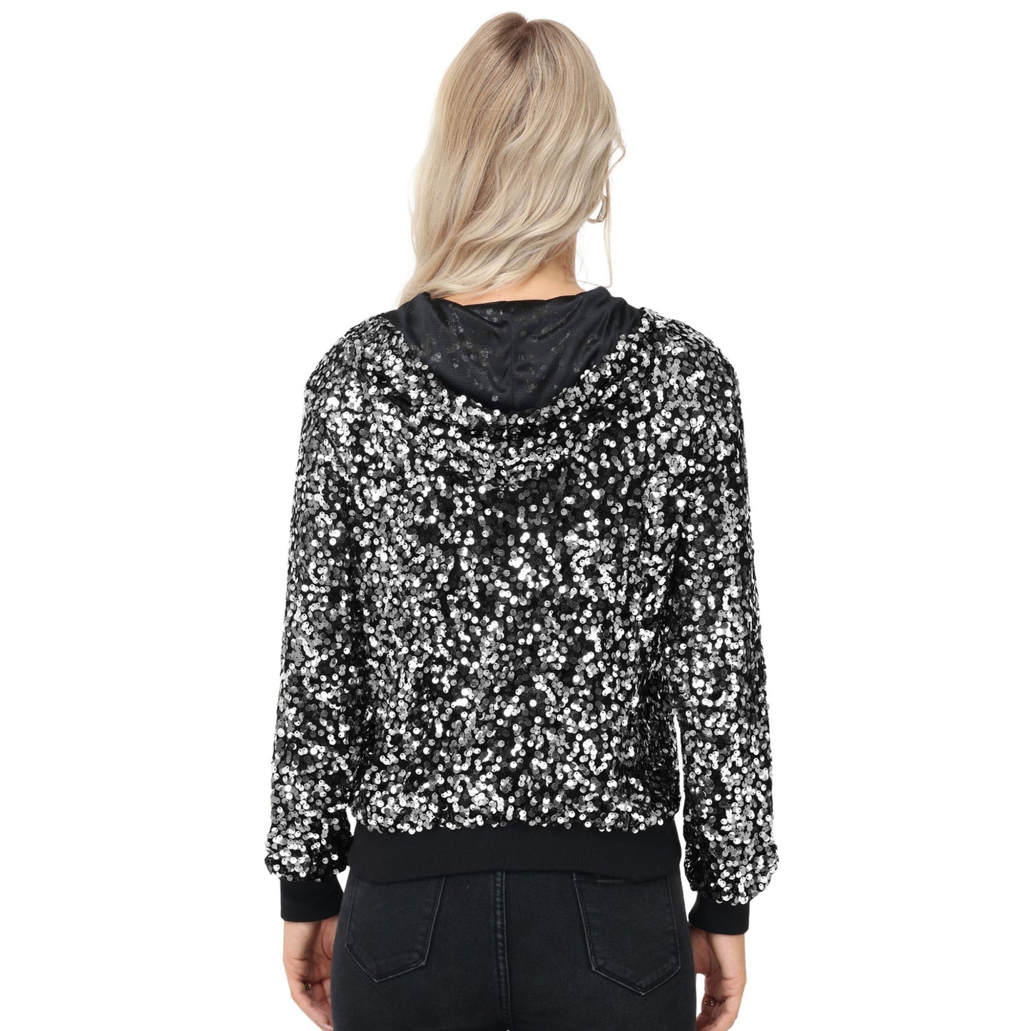 Zip-Up Hoodie Jacket with Allover Sequin Embellishments and Ribbed Trim