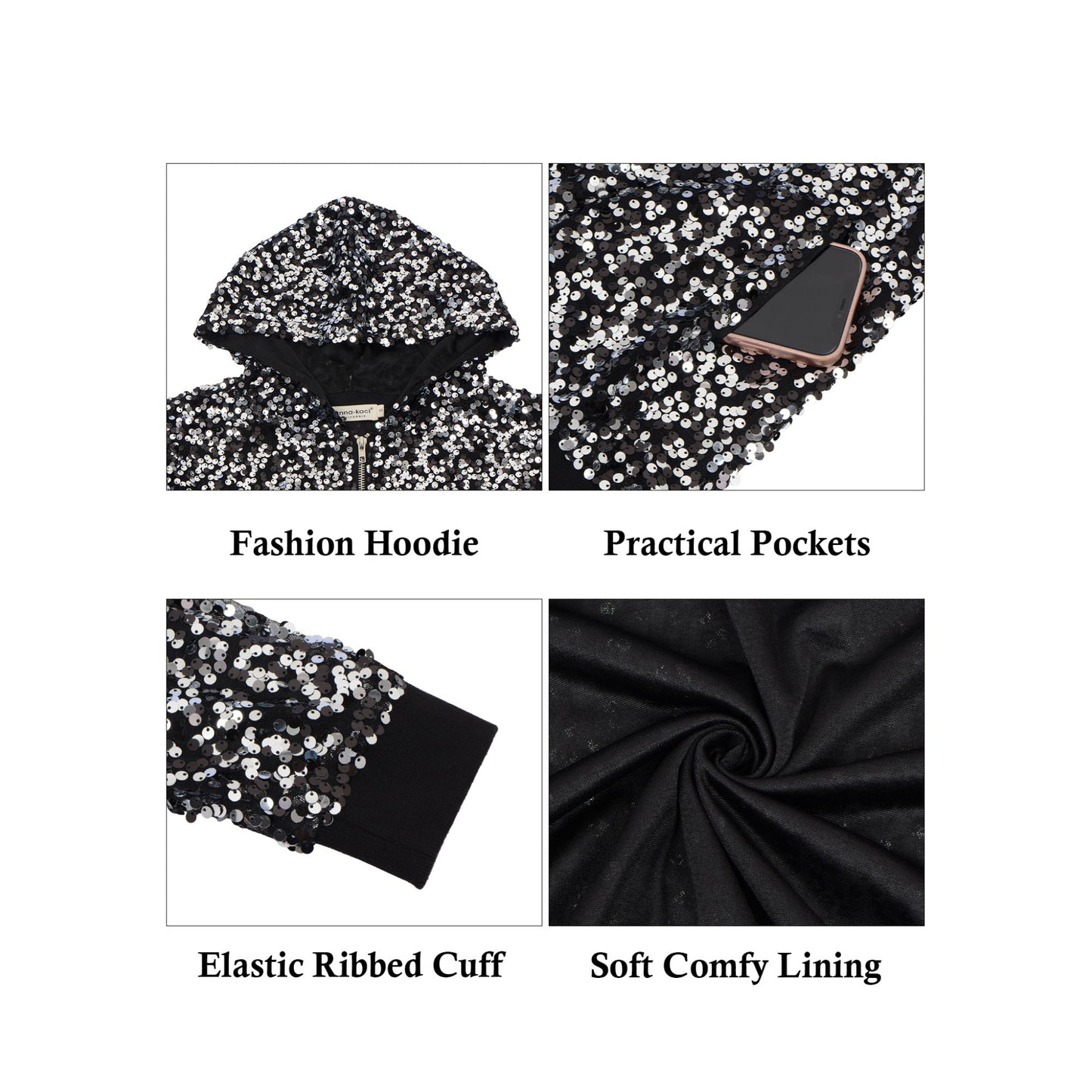 Zip-Up Hoodie Jacket with Allover Sequin Embellishments and Ribbed Trim