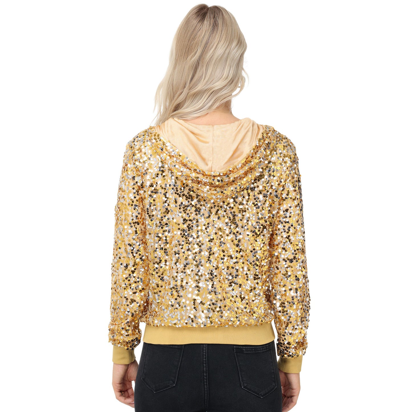 Zip-Up Hoodie Jacket with Allover Sequin Embellishments and Ribbed Trim