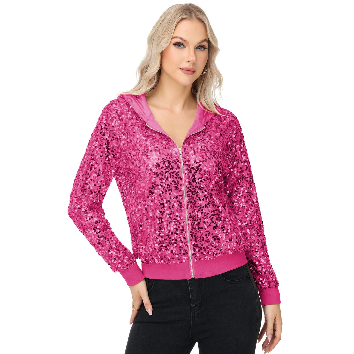 Zip-Up Hoodie Jacket with Allover Sequin Embellishments and Ribbed Trim