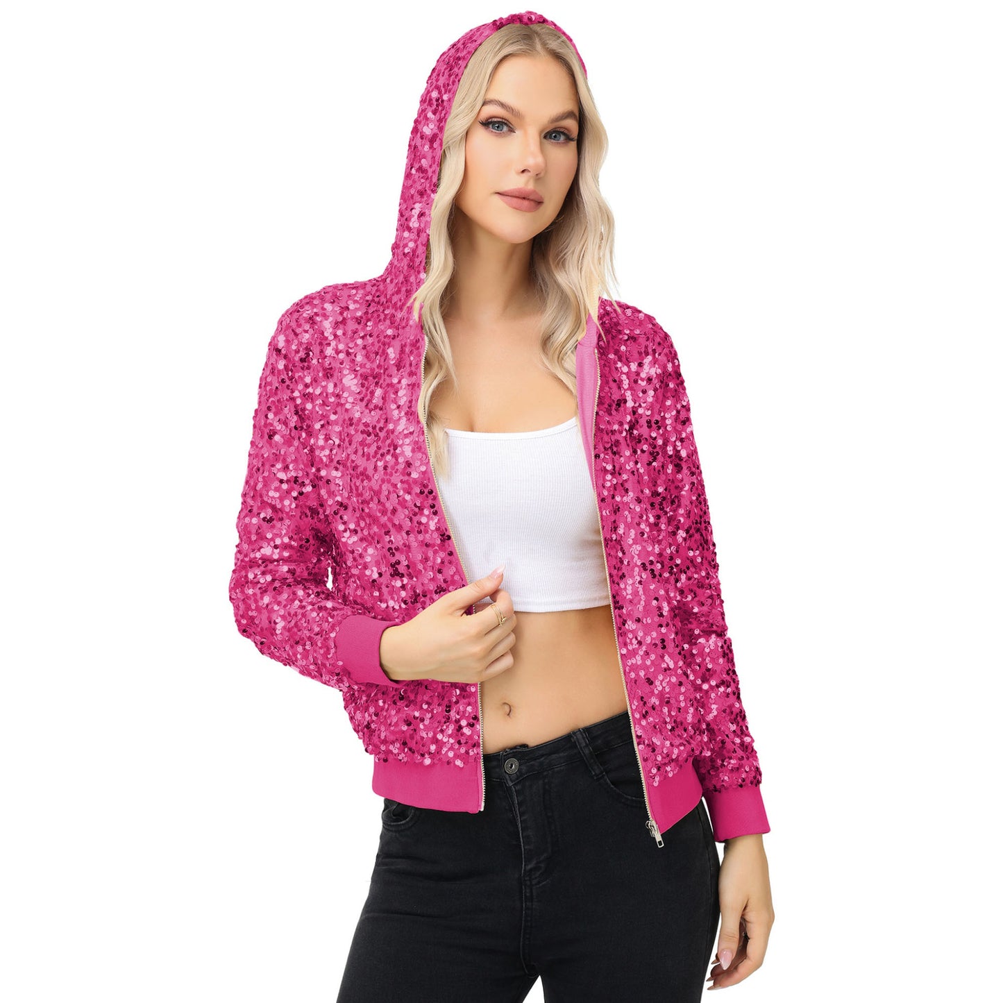Zip-Up Hoodie Jacket with Allover Sequin Embellishments and Ribbed Trim