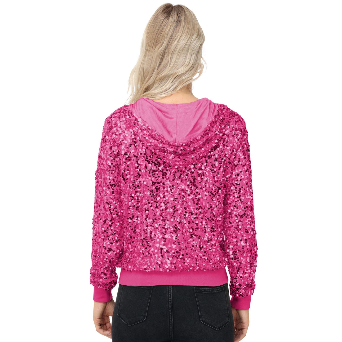 Zip-Up Hoodie Jacket with Allover Sequin Embellishments and Ribbed Trim