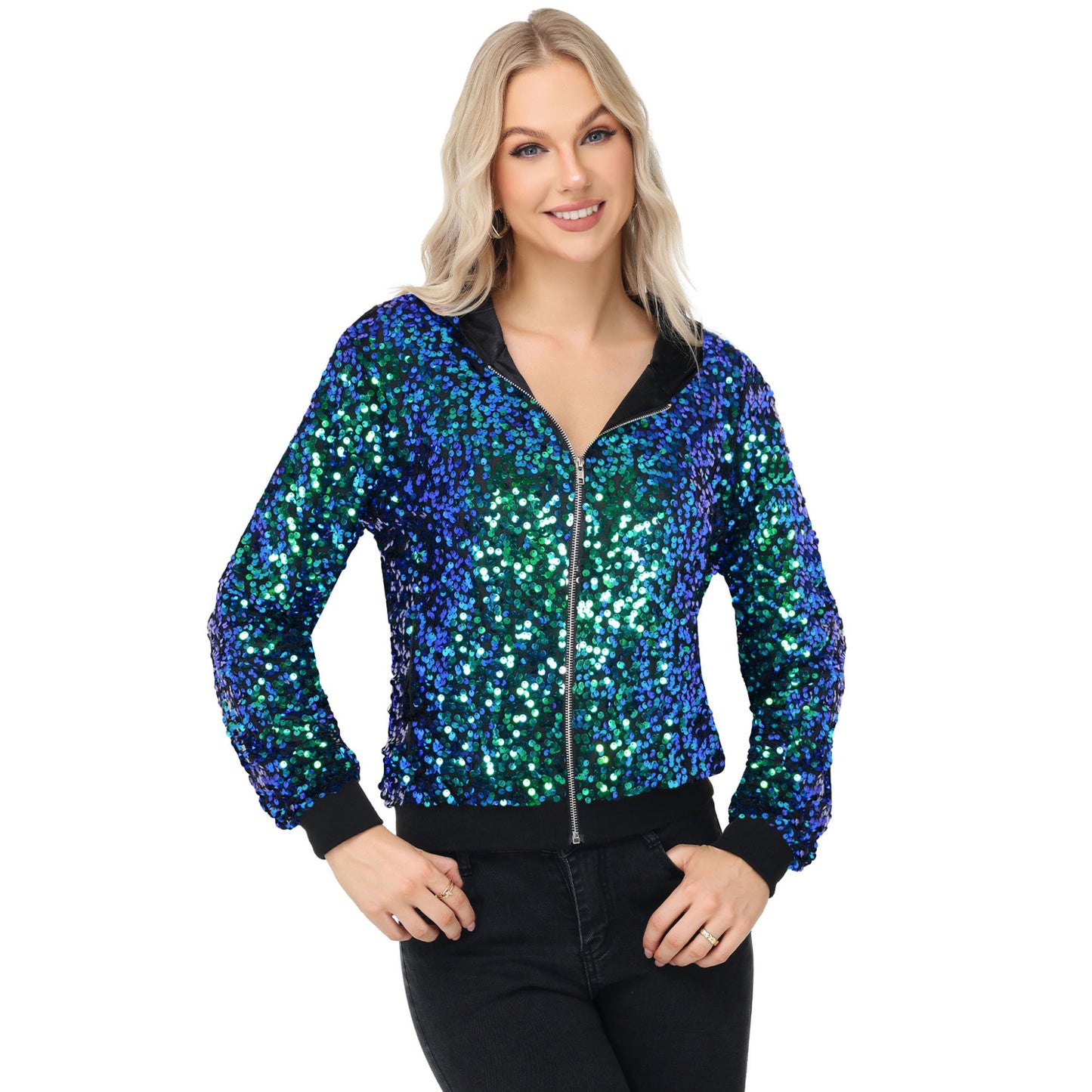 Zip-Up Hoodie Jacket with Allover Sequin Embellishments and Ribbed Trim