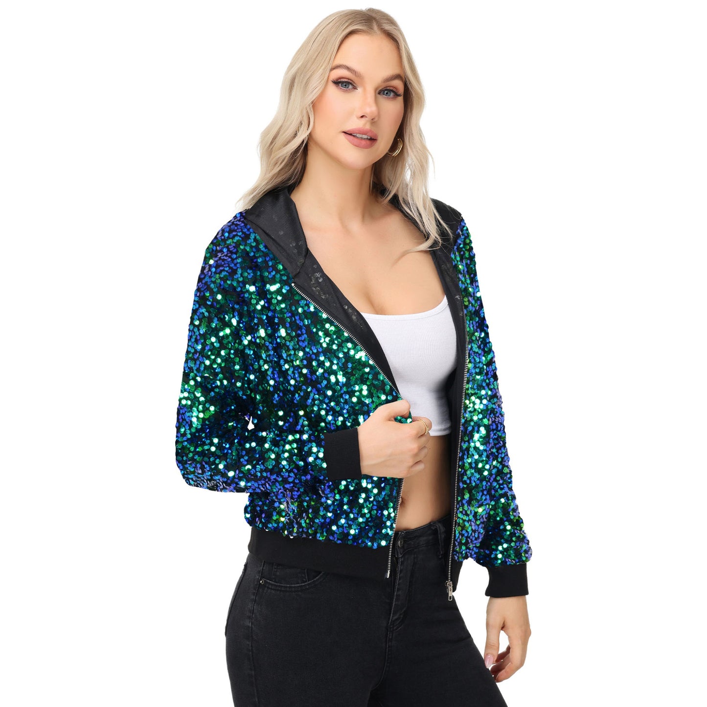 Zip-Up Hoodie Jacket with Allover Sequin Embellishments and Ribbed Trim