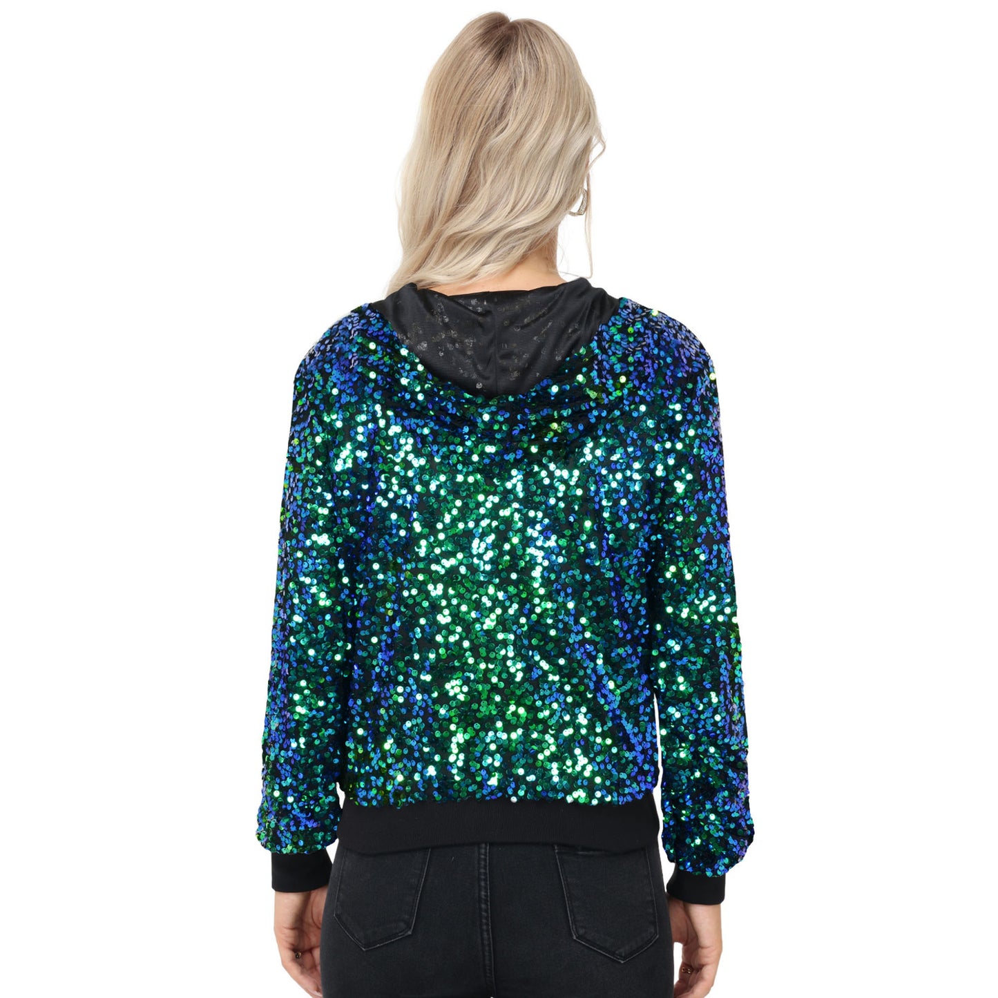 Zip-Up Hoodie Jacket with Allover Sequin Embellishments and Ribbed Trim