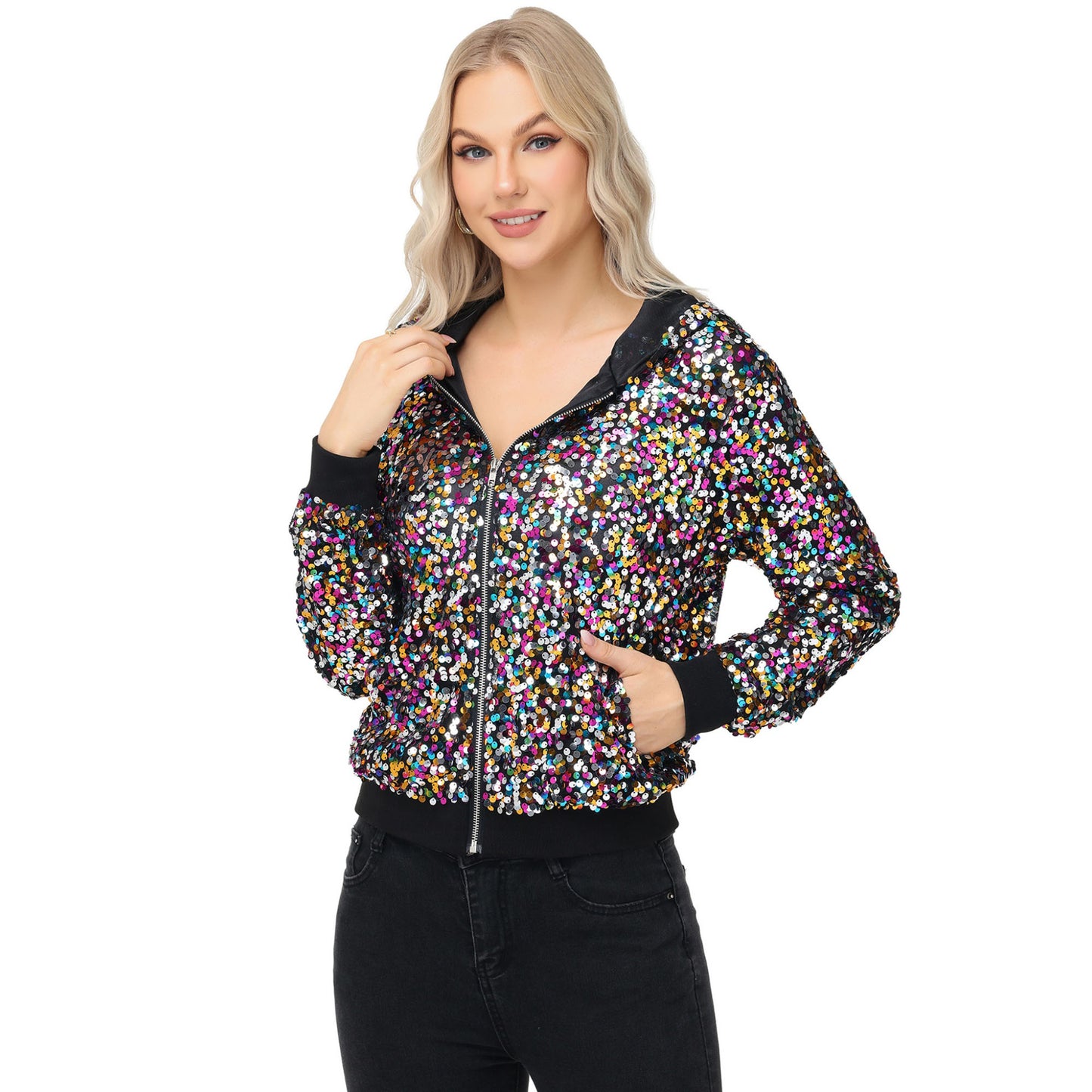 Zip-Up Hoodie Jacket with Allover Sequin Embellishments and Ribbed Trim