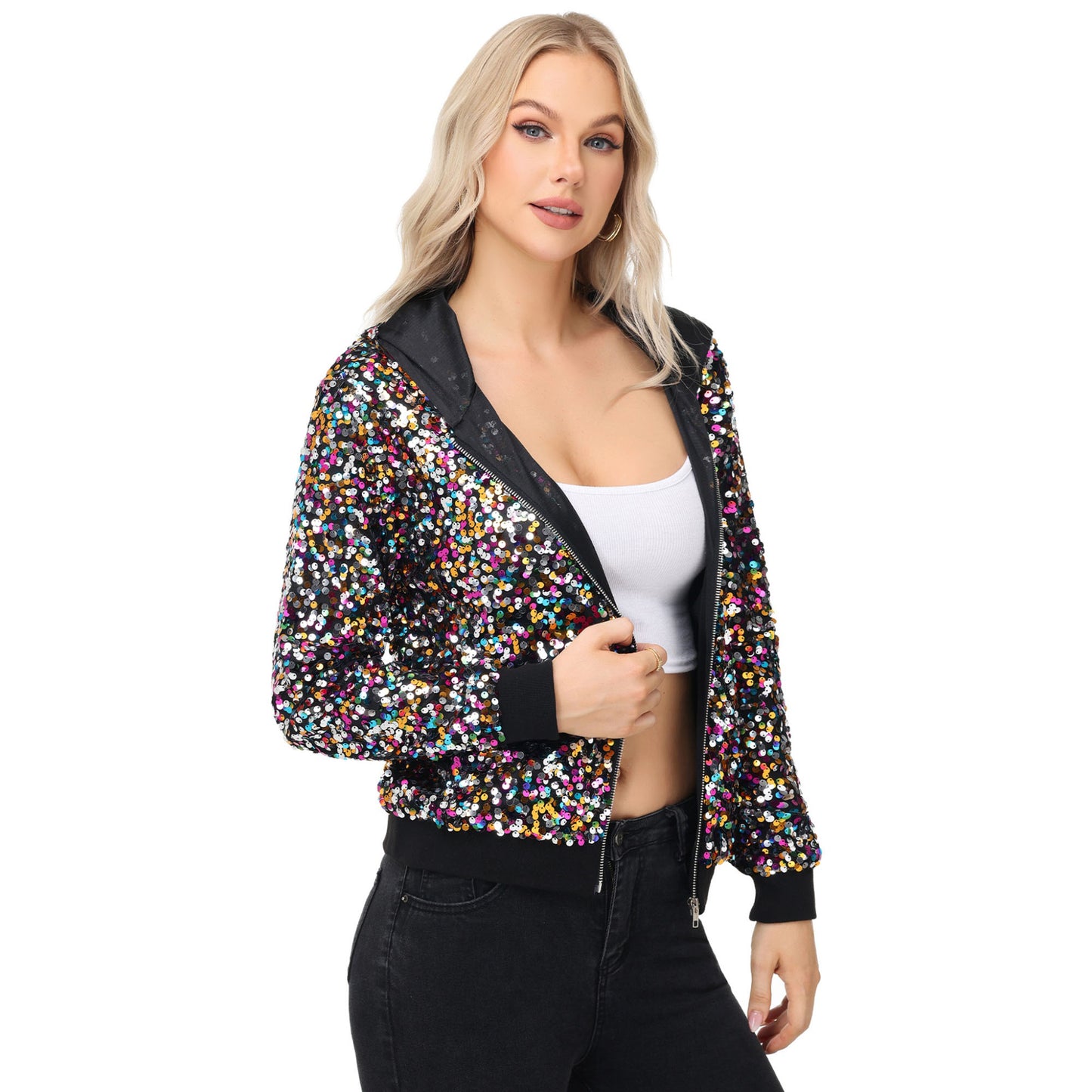 Zip-Up Hoodie Jacket with Allover Sequin Embellishments and Ribbed Trim