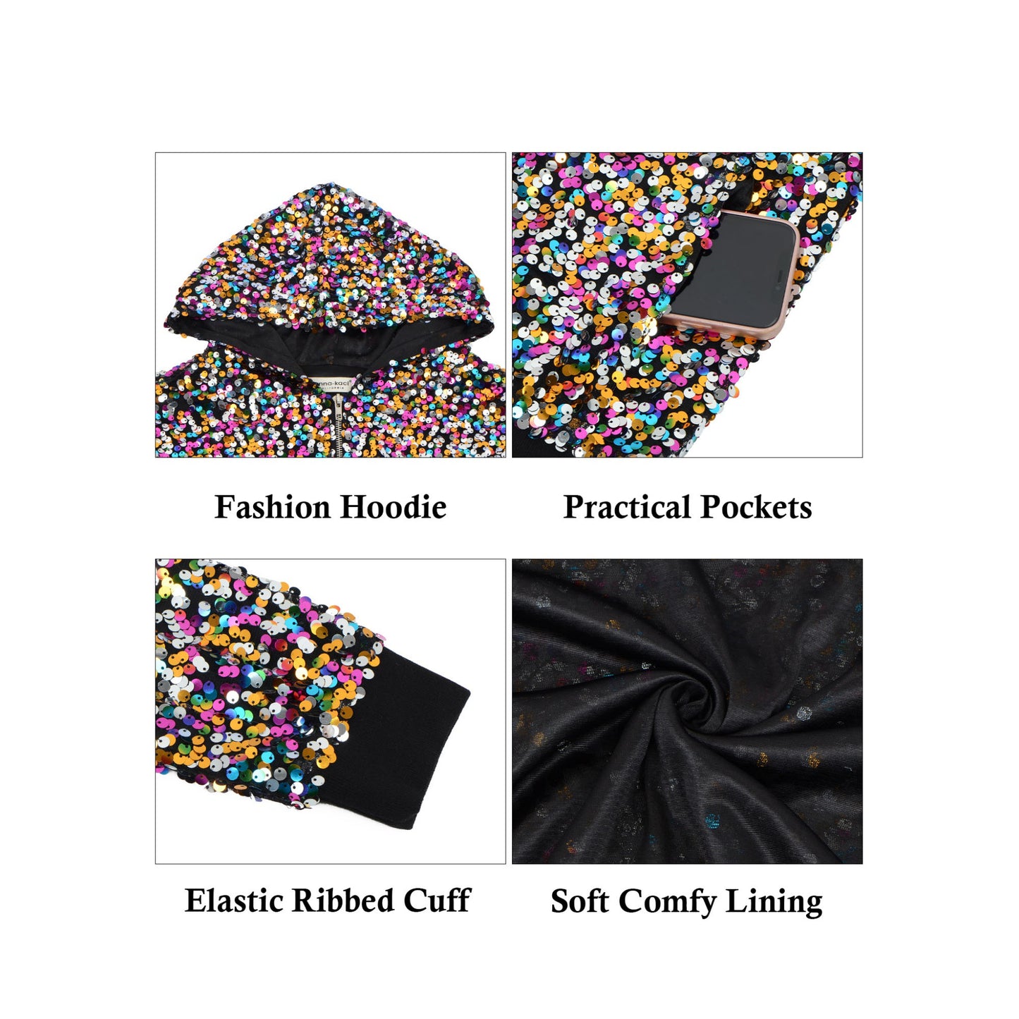 Zip-Up Hoodie Jacket with Allover Sequin Embellishments and Ribbed Trim