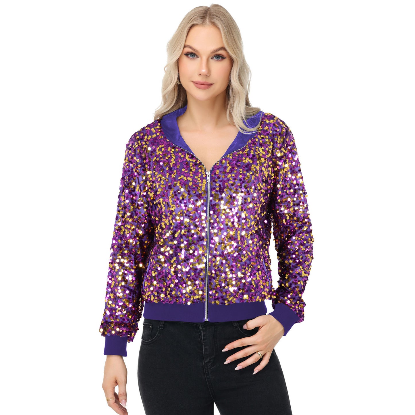 Zip-Up Hoodie Jacket with Allover Sequin Embellishments and Ribbed Trim