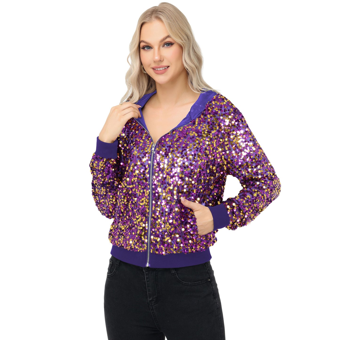 Zip-Up Hoodie Jacket with Allover Sequin Embellishments and Ribbed Trim