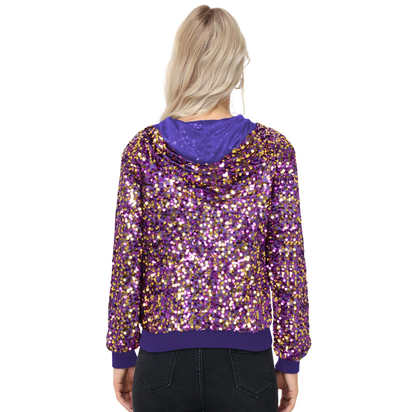 Zip-Up Hoodie Jacket with Allover Sequin Embellishments and Ribbed Trim